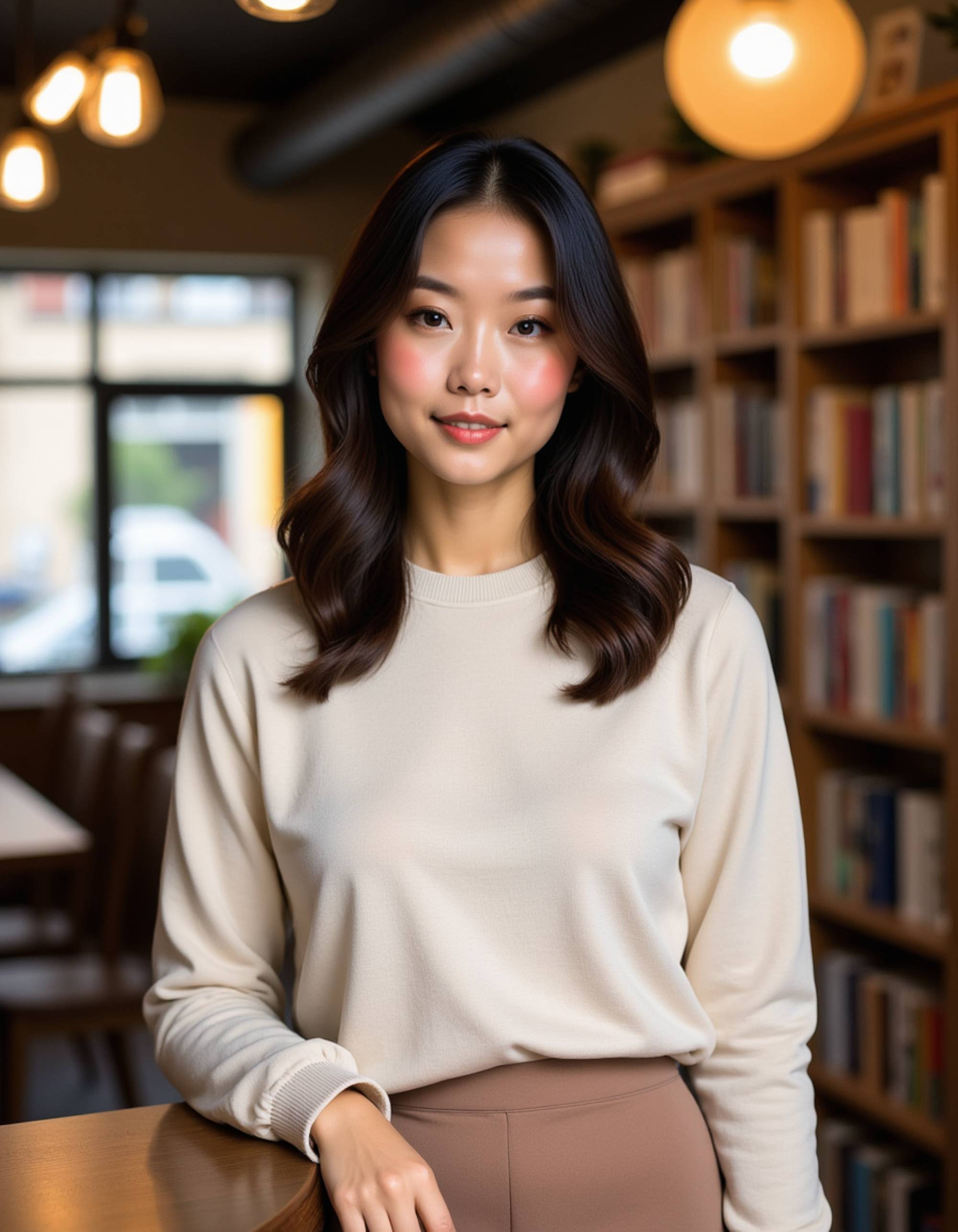 model wearing a chic cream sweater and skirt in a cozy bookstore café, Instagram photo, Instagram, athletic build