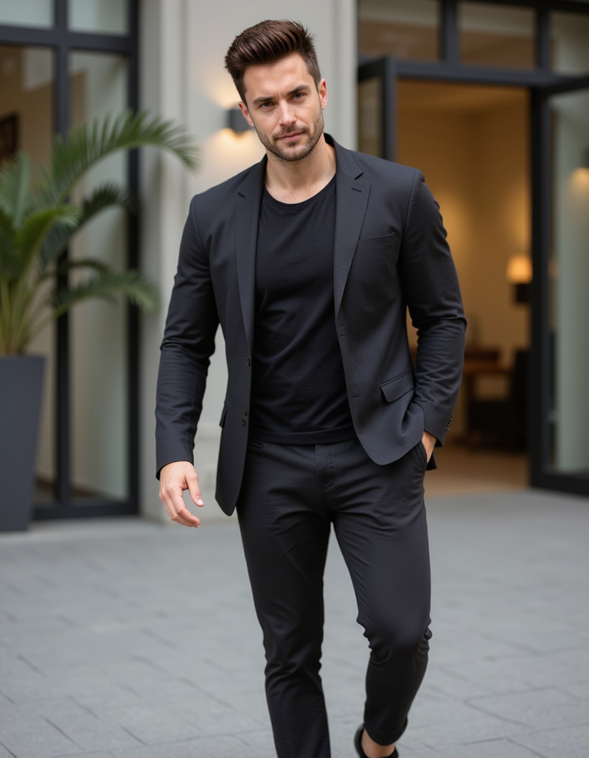 model wearing a fitted black blazer and trousers in a sleek urban lounge, Instagram photo, Instagram, athletic build