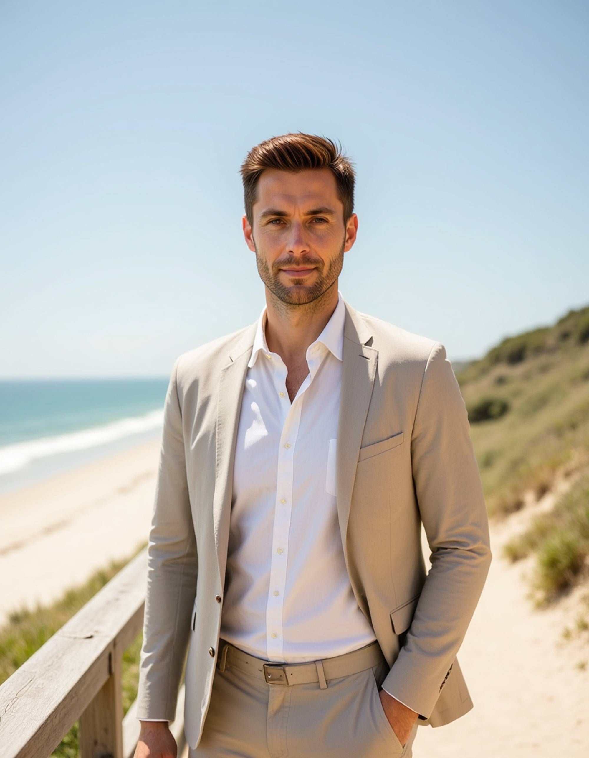 model in a casual beige linen suit at a sunny coastal boardwalk, Instagram photo, Instagram, fit body