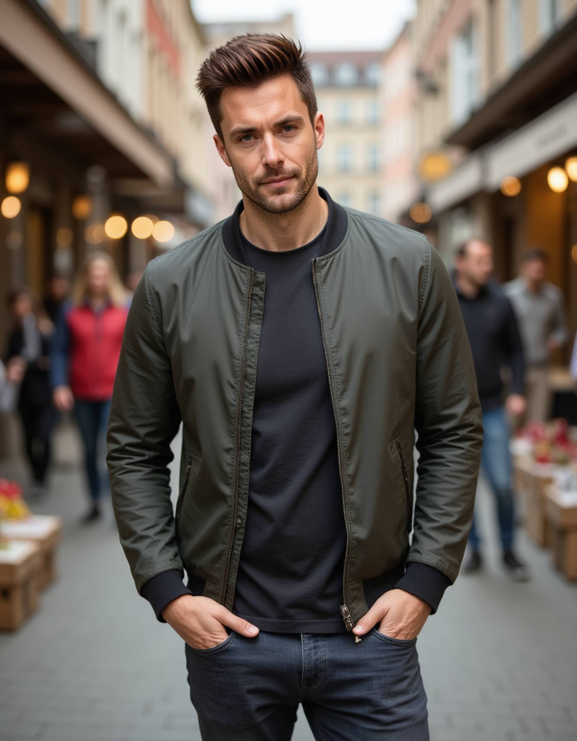 model wearing a dark green bomber jacket and jeans in a bustling city market, Instagram photo, Instagram, toned physique