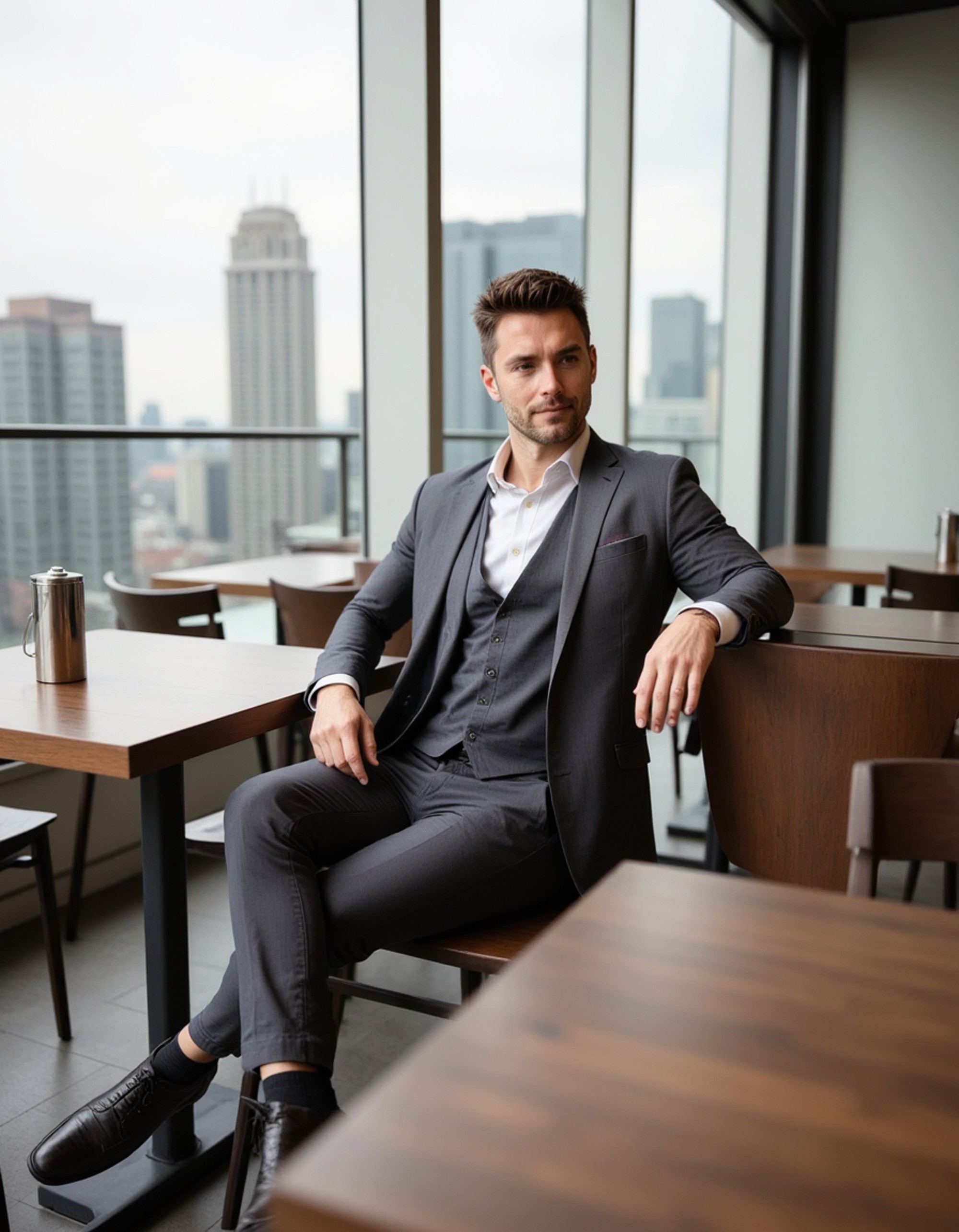 model wearing a tailored gray suit in a chic rooftop restaurant, Instagram photo, Instagram, athletic build
