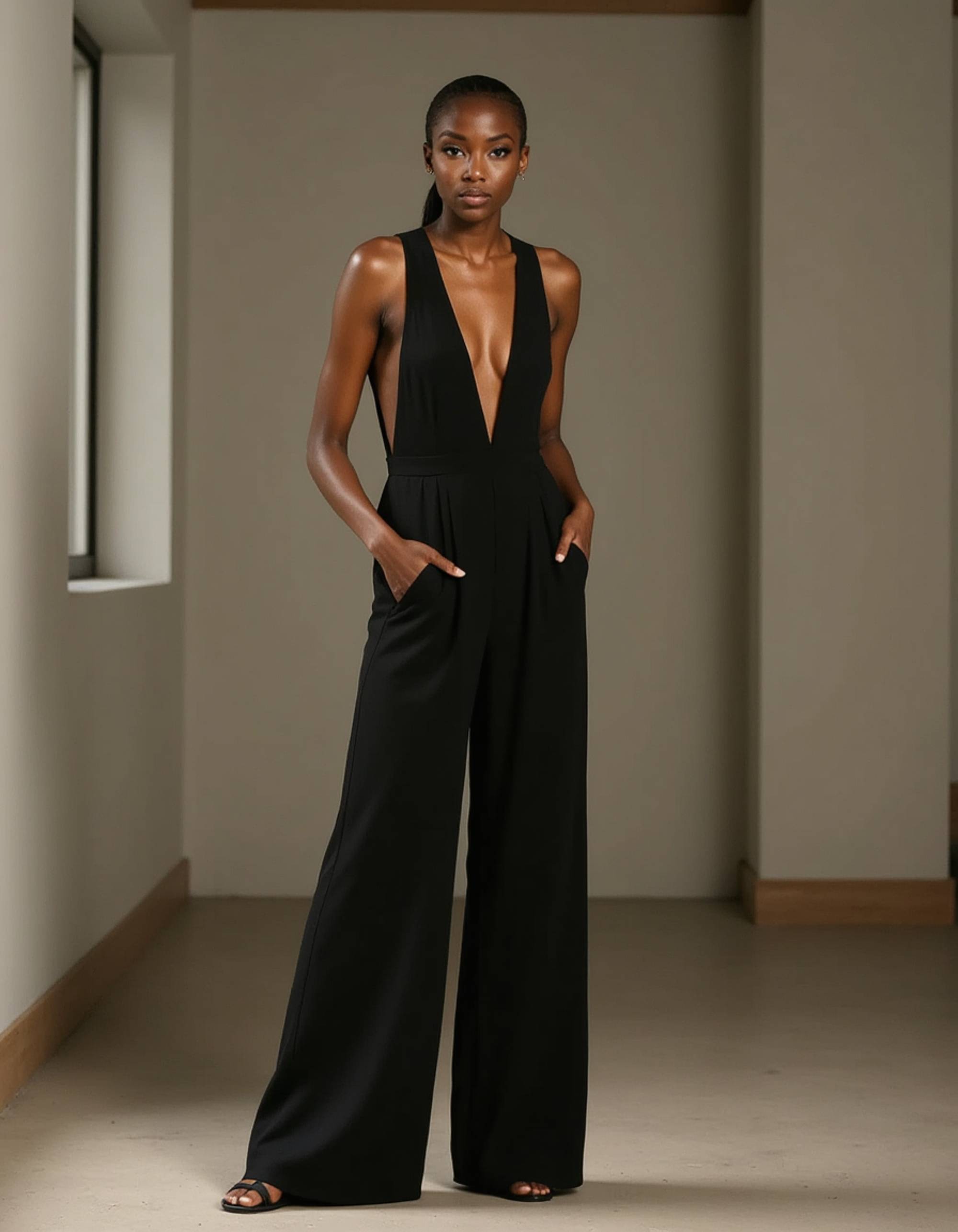 model wearing a tailored black jumpsuit in a trendy art loft, Instagram photo, Instagram, toned physique