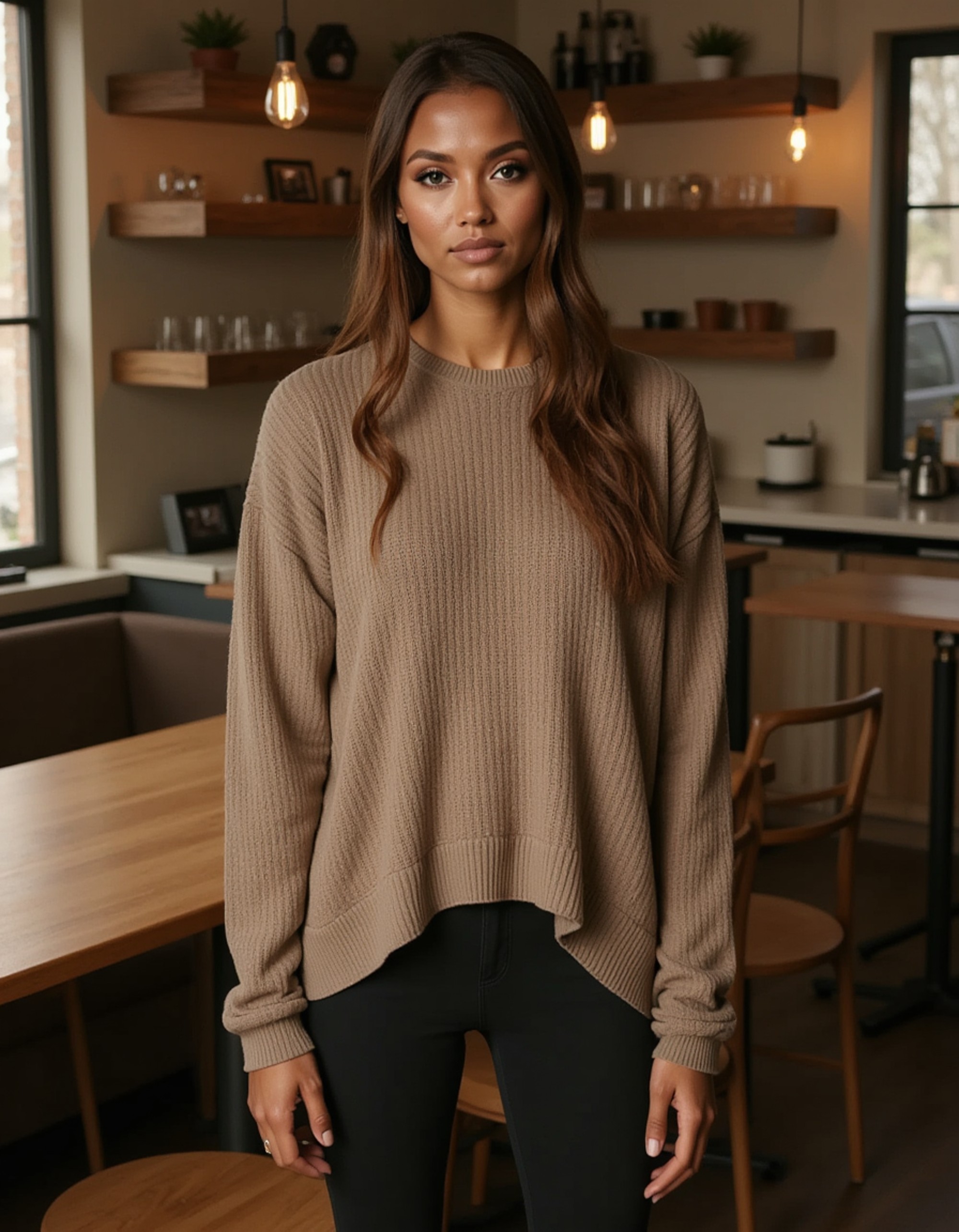 model wearing a cozy oversized sweater and leggings in a rustic coffee shop, Instagram photo, Instagram, athletic build