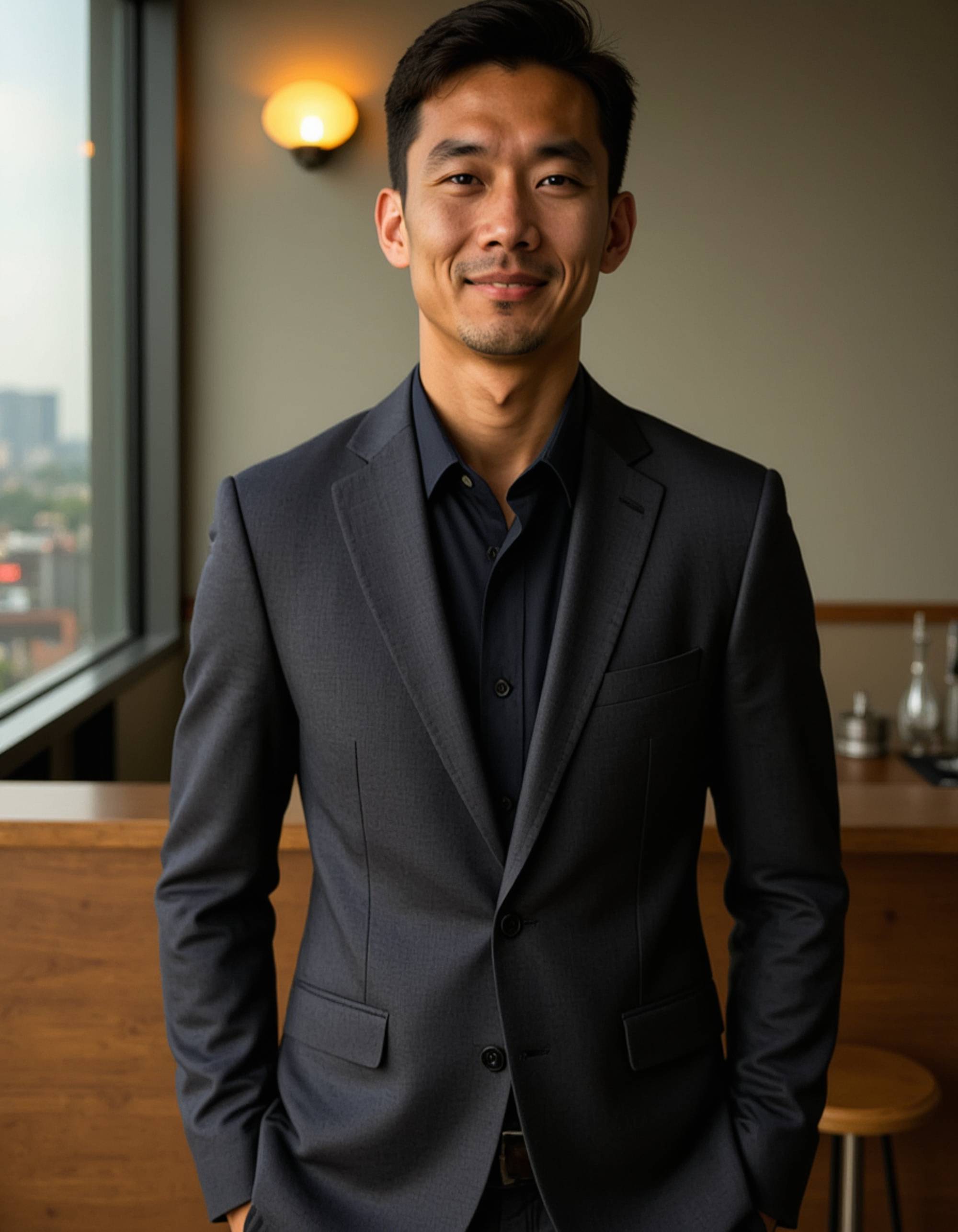 model wearing a sharp charcoal suit in a modern rooftop jazz bar, Instagram photo, Instagram, athletic build