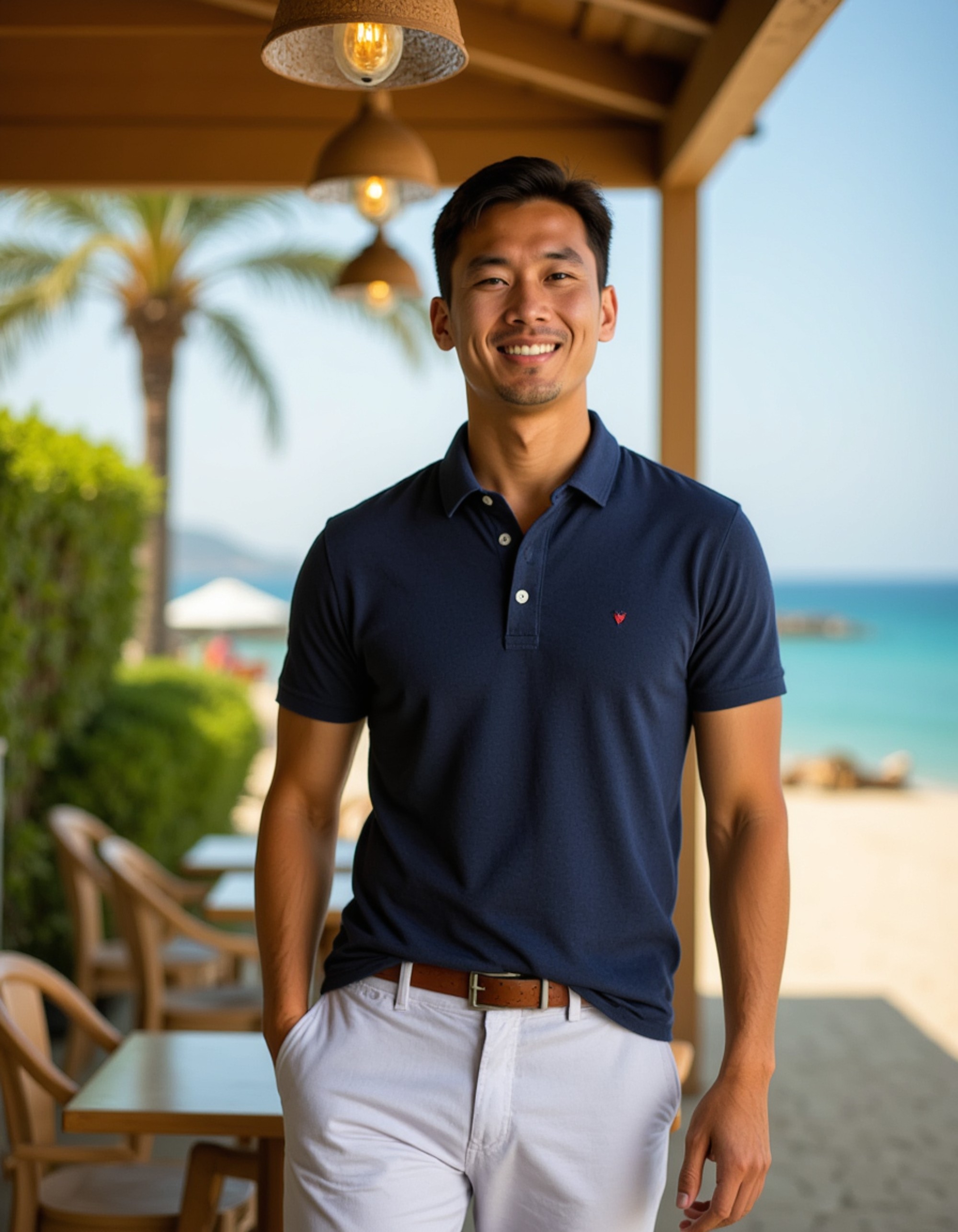 model in a casual navy polo and shorts at a vibrant seaside café, Instagram photo, Instagram, fit body