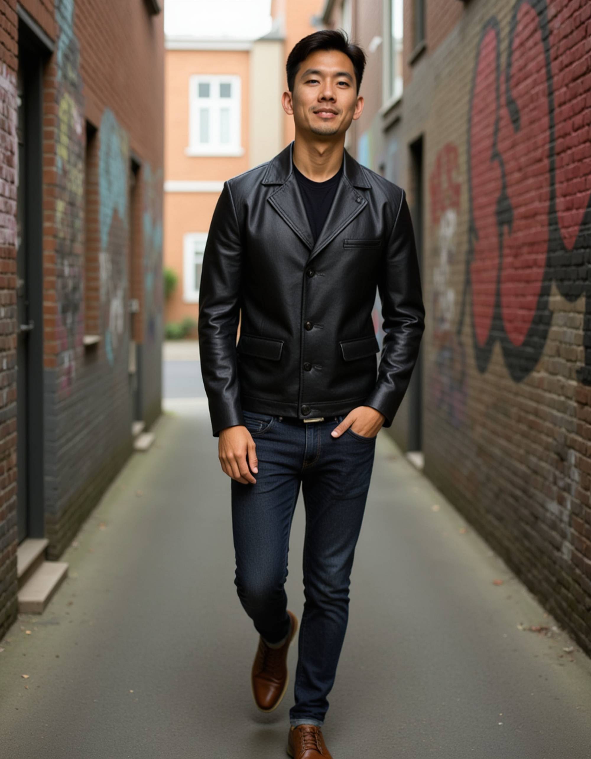 model wearing a sleek leather jacket and dark jeans in an urban graffiti alley, Instagram photo, Instagram, toned physique