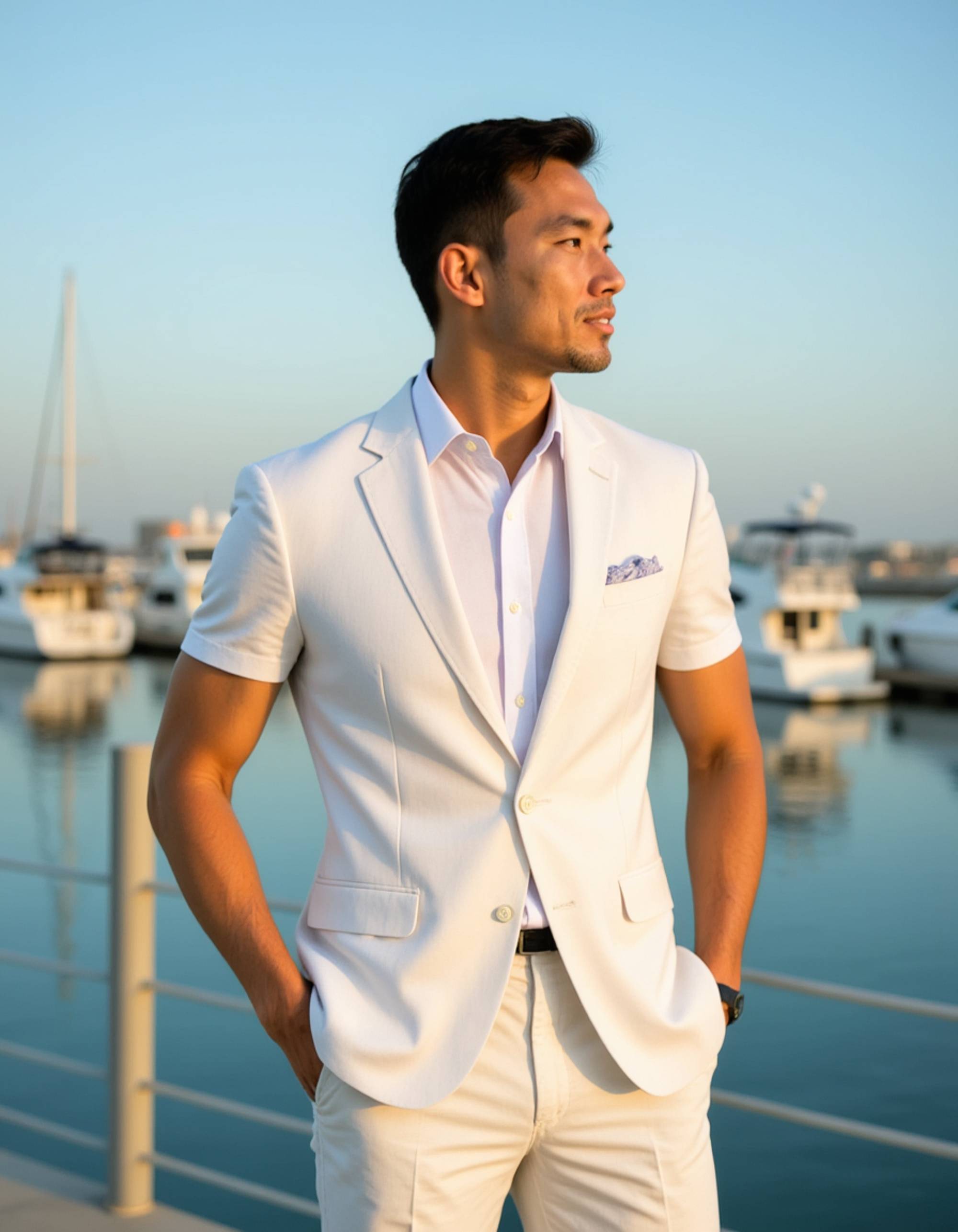 model in a tailored white blazer and trousers at a luxurious marina, Instagram photo, Instagram, muscular build