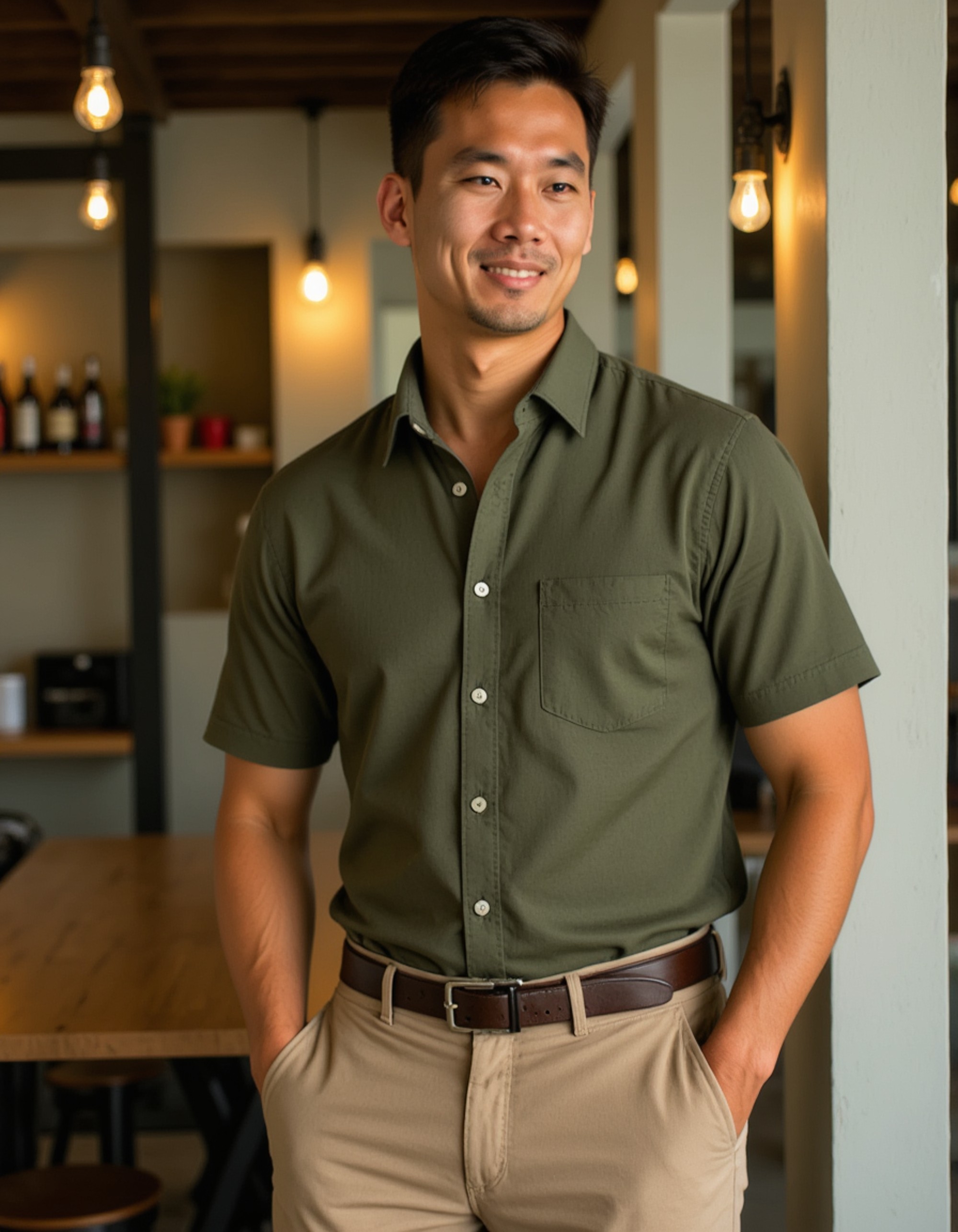 model wearing a fitted olive green shirt and chinos in a trendy brewery patio, Instagram photo, Instagram, athletic build