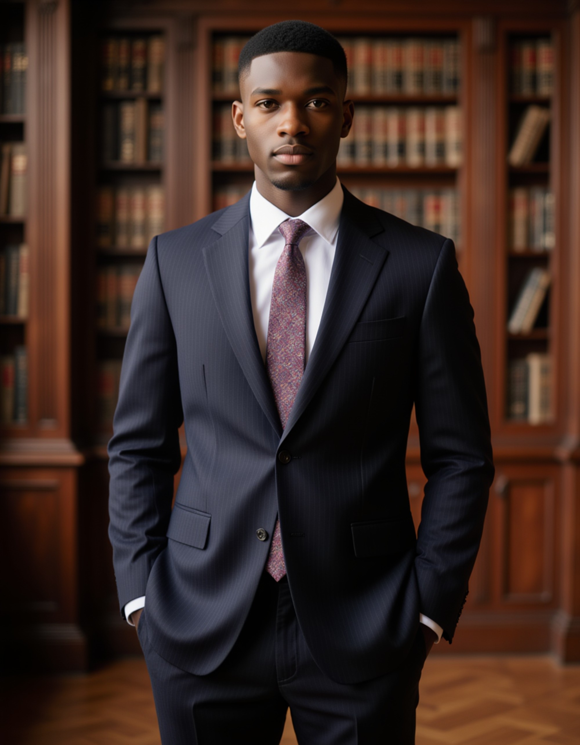 model wearing a tailored navy pinstripe suit and silk tie, old money aesthetic, standing in a grand oak-paneled library, Ivy League sophistication