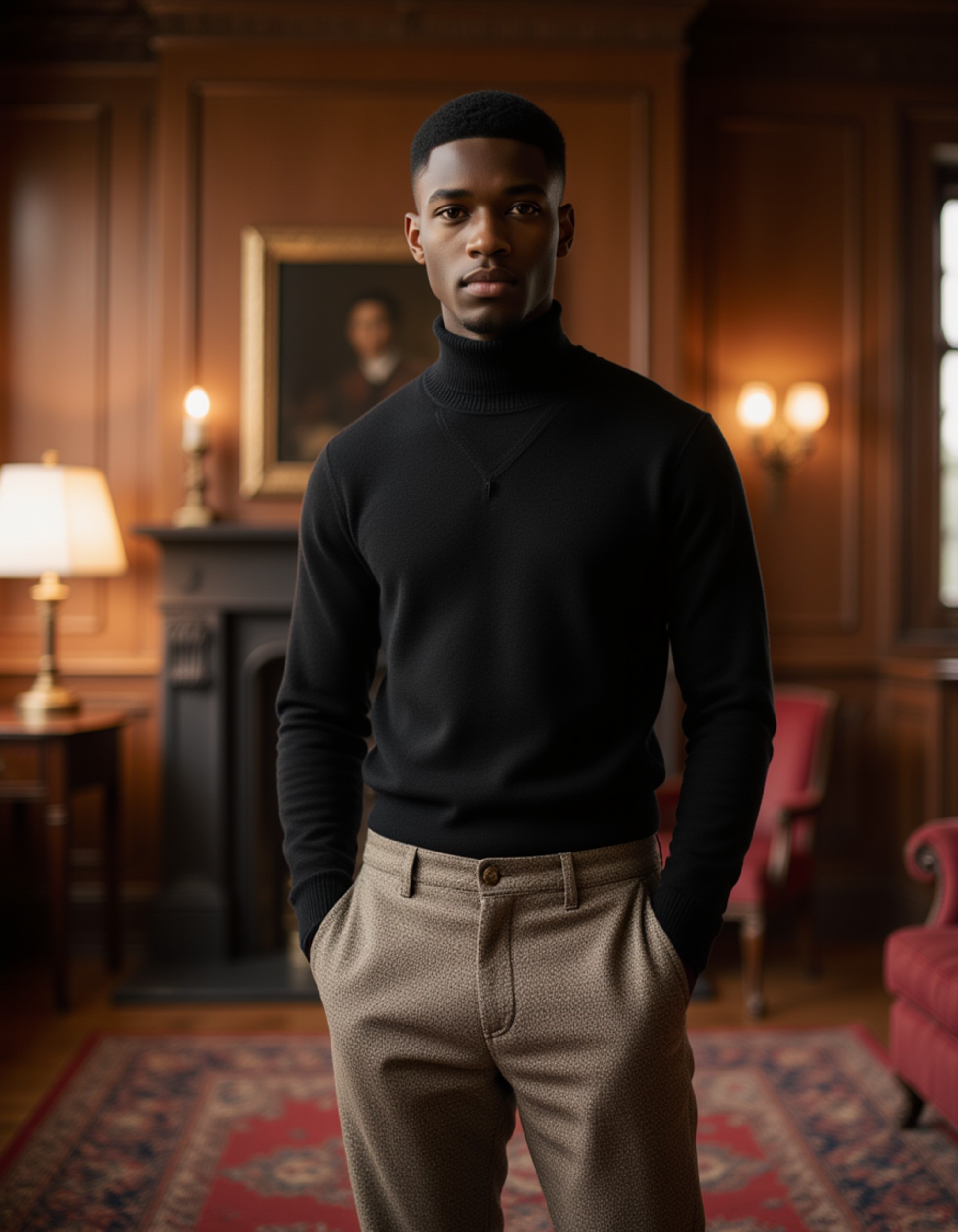 model in a cashmere turtleneck and tweed trousers, old money aesthetic, posing by a fireplace in a luxurious country estate, Ralph Lauren elegance