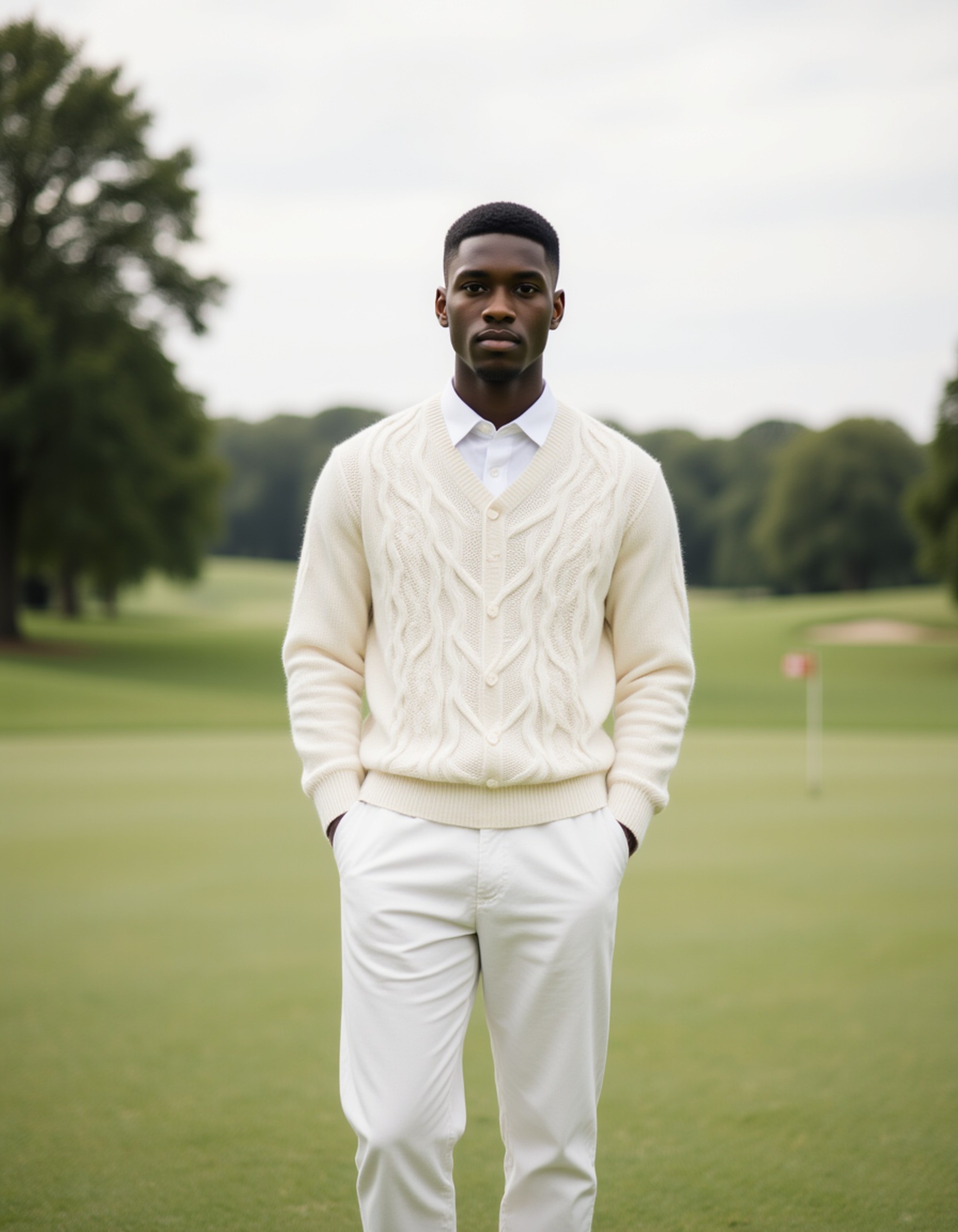 model dressed in a classic white tennis sweater and chinos, old money aesthetic, on a pristine country club lawn, preppy style