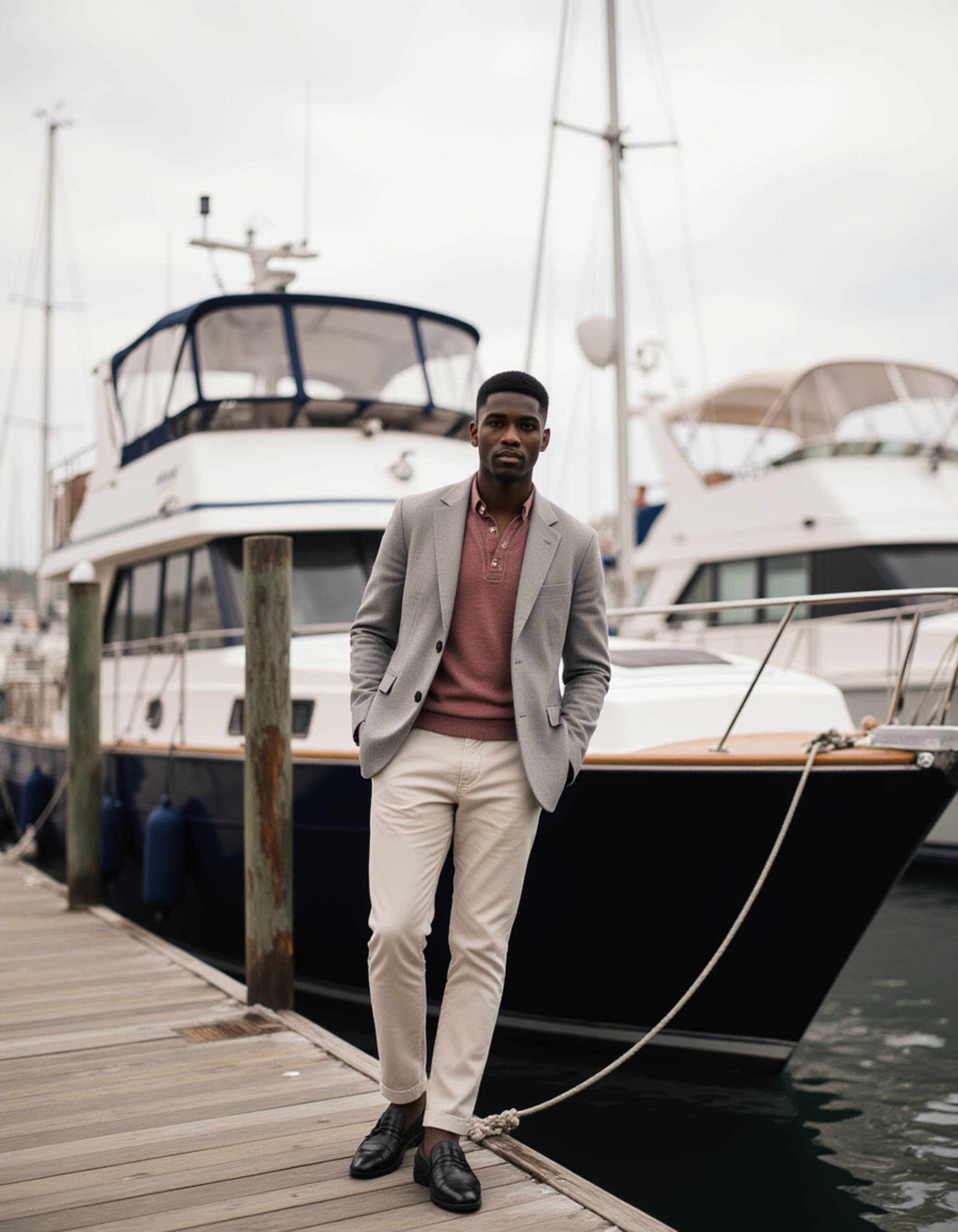 model in a double-breasted blazer and loafers, old money aesthetic, leaning against a vintage yacht at an elite marina, gossip girl neo-prep vibe