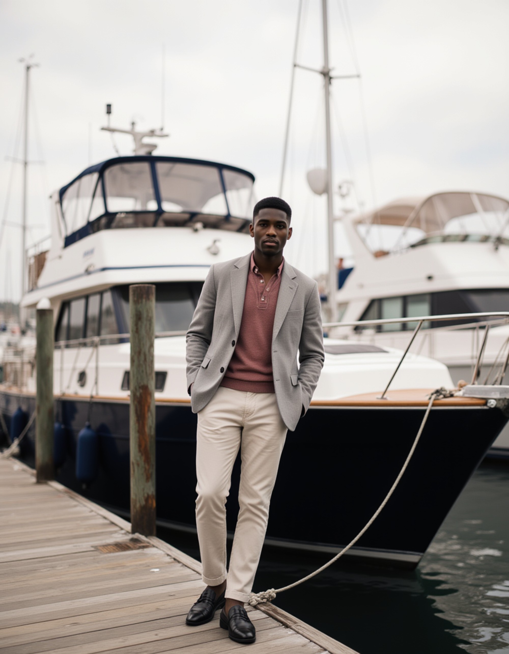 model in a double-breasted blazer and loafers, old money aesthetic, leaning against a vintage yacht at an elite marina, gossip girl neo-prep vibe
