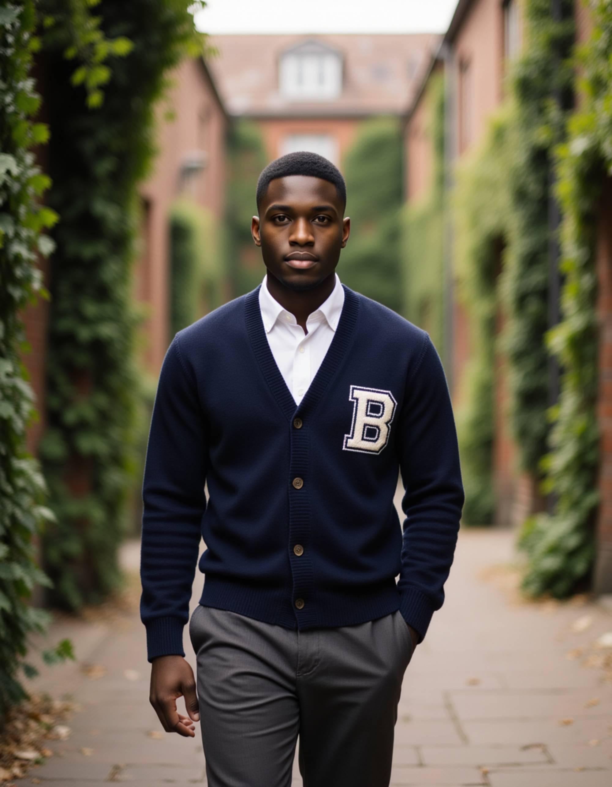 model wearing a monogrammed cardigan and oxford shirt, old money aesthetic, walking through an ivy-covered university courtyard, elite school style