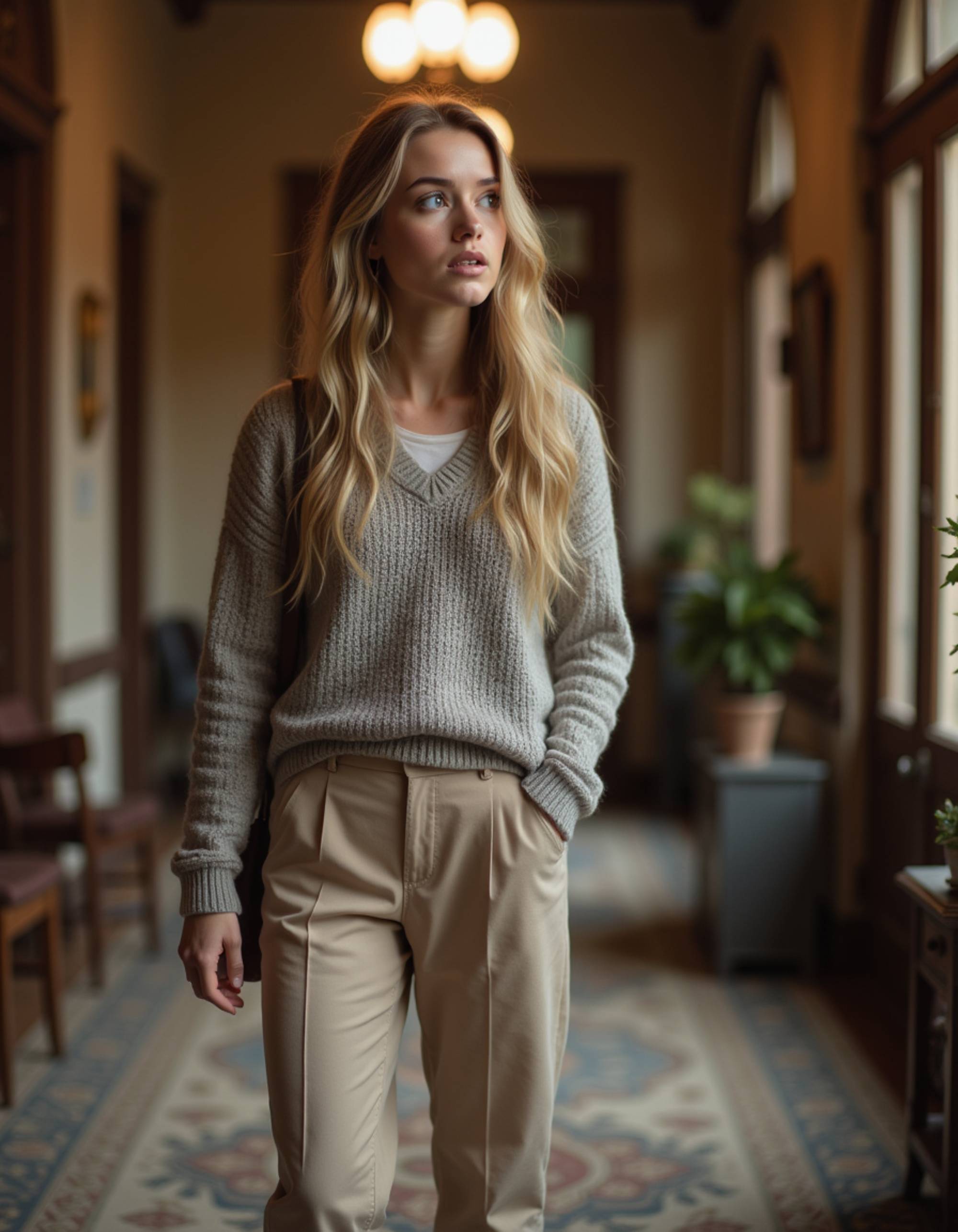 model in a monogrammed sweater and pleated trousers, old money aesthetic, strolling through an elite university library, preppy style