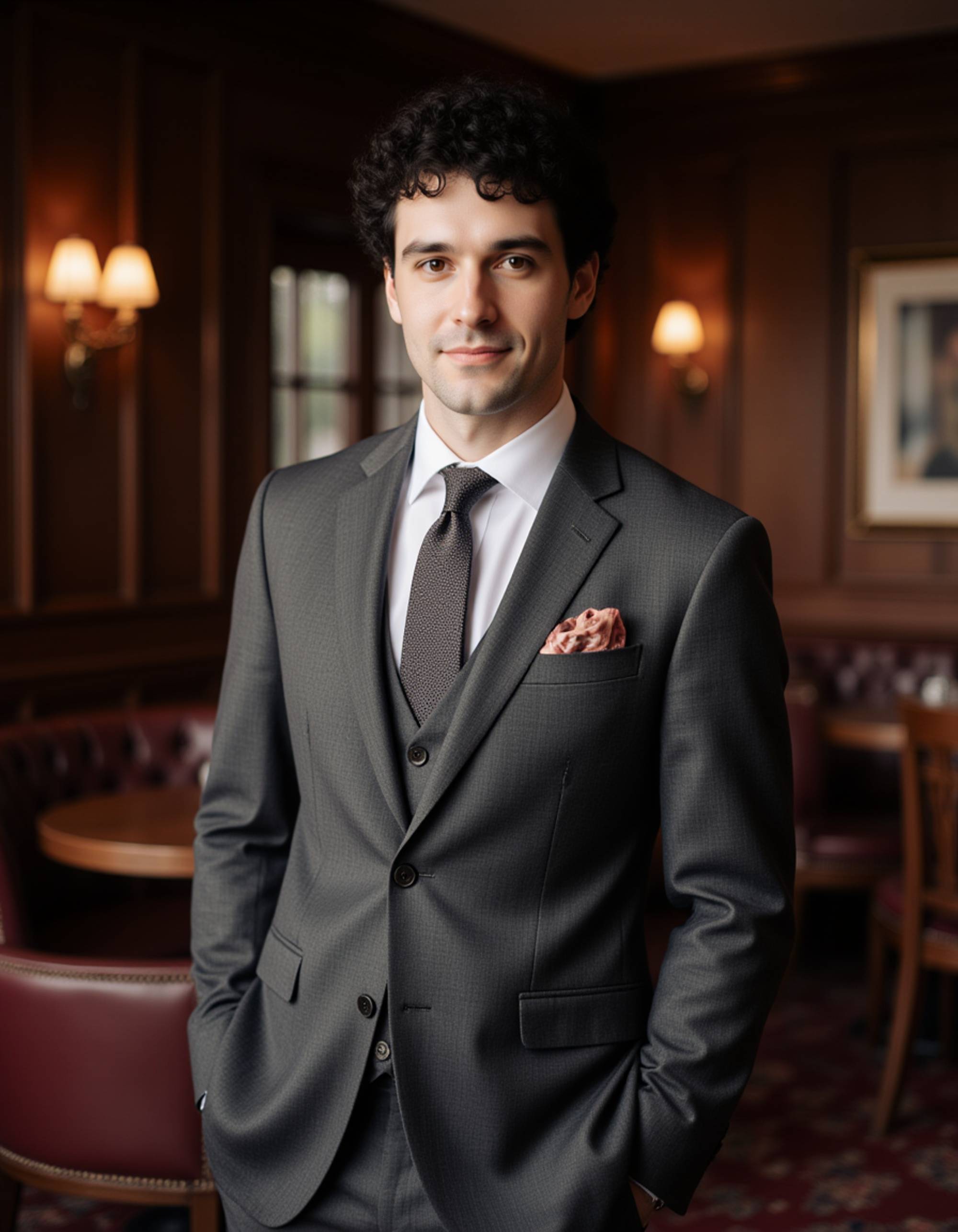 model wearing a tailored gray flannel suit and silk pocket square, old money aesthetic, standing in a mahogany-lined private club, Ivy League sophistication