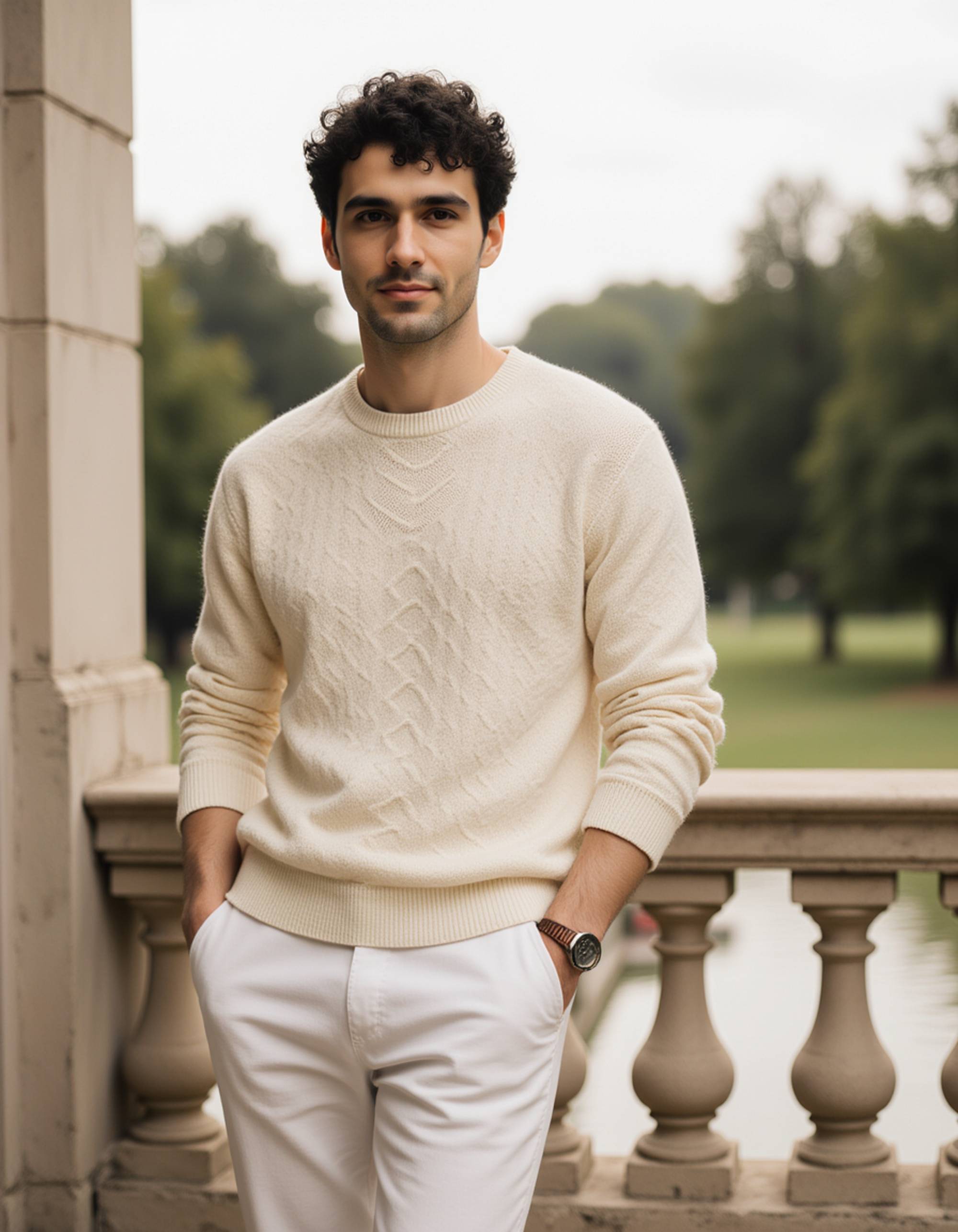 model in a cream cable-knit sweater and tailored trousers, old money aesthetic, posing on a grand estate balcony, Ralph Lauren elegance