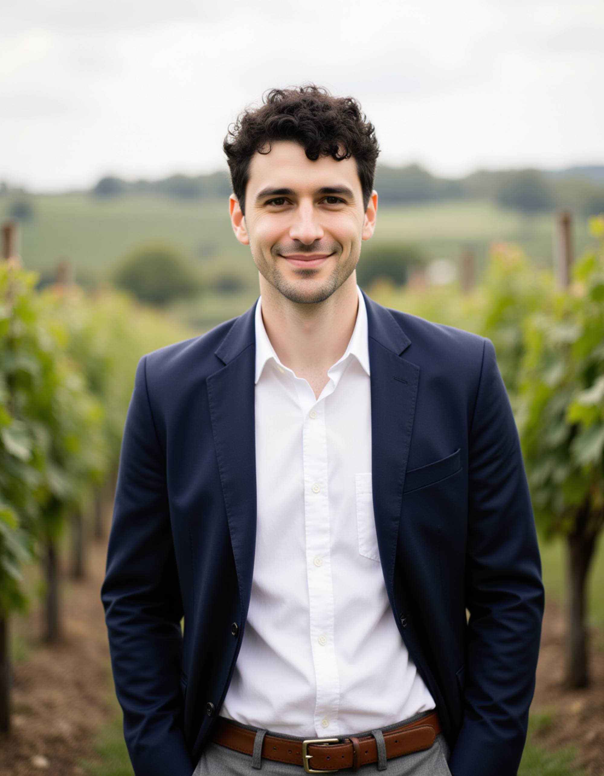model dressed in a navy blazer and white linen shirt, old money aesthetic, at a luxurious vineyard during a wine tasting, preppy style