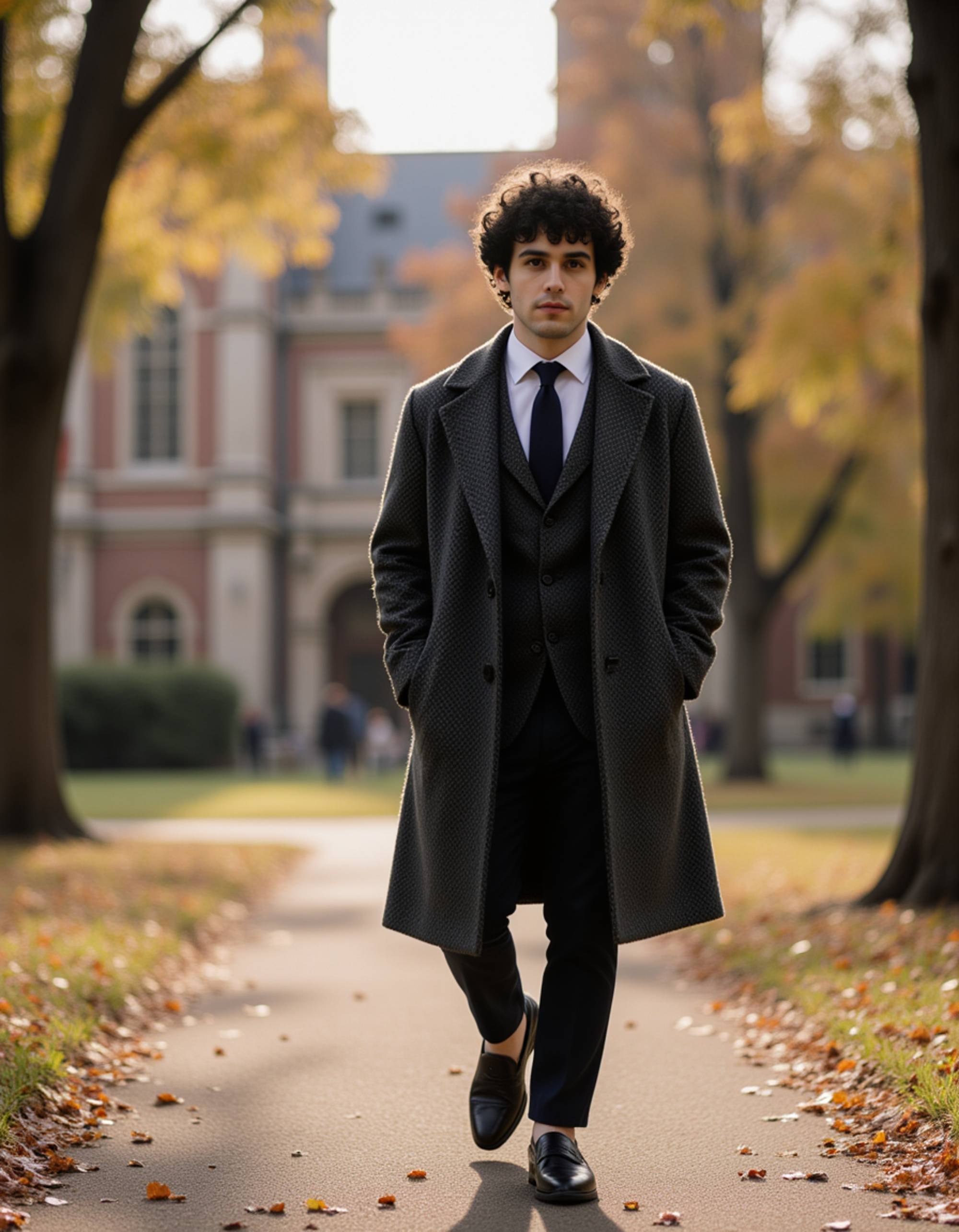 model in a herringbone overcoat and loafers, old money aesthetic, walking through a historic university quad, gossip girl neo-prep vibe