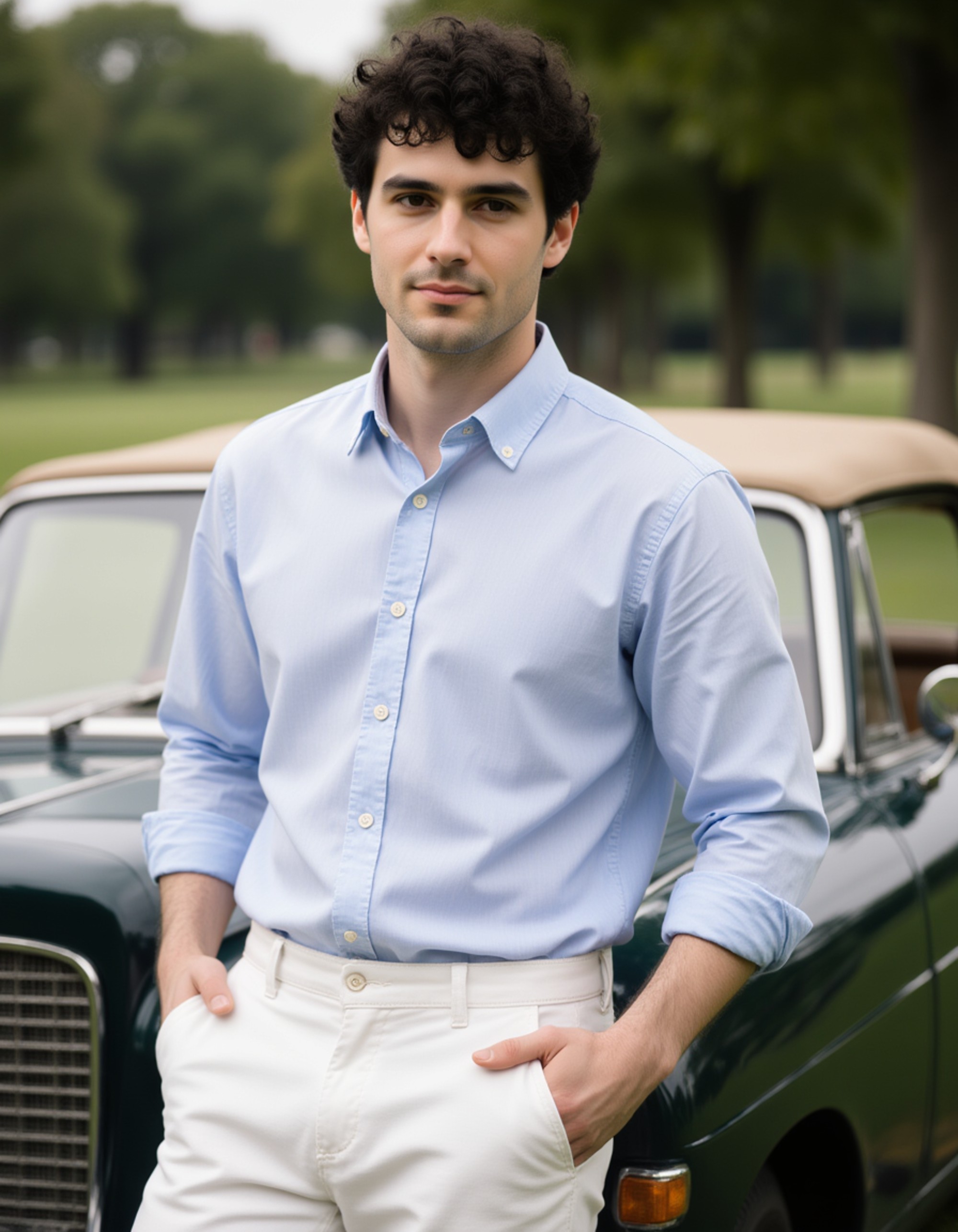 model wearing a monogrammed oxford shirt and chinos, old money aesthetic, leaning against a classic sports car at a country club, elite school charm