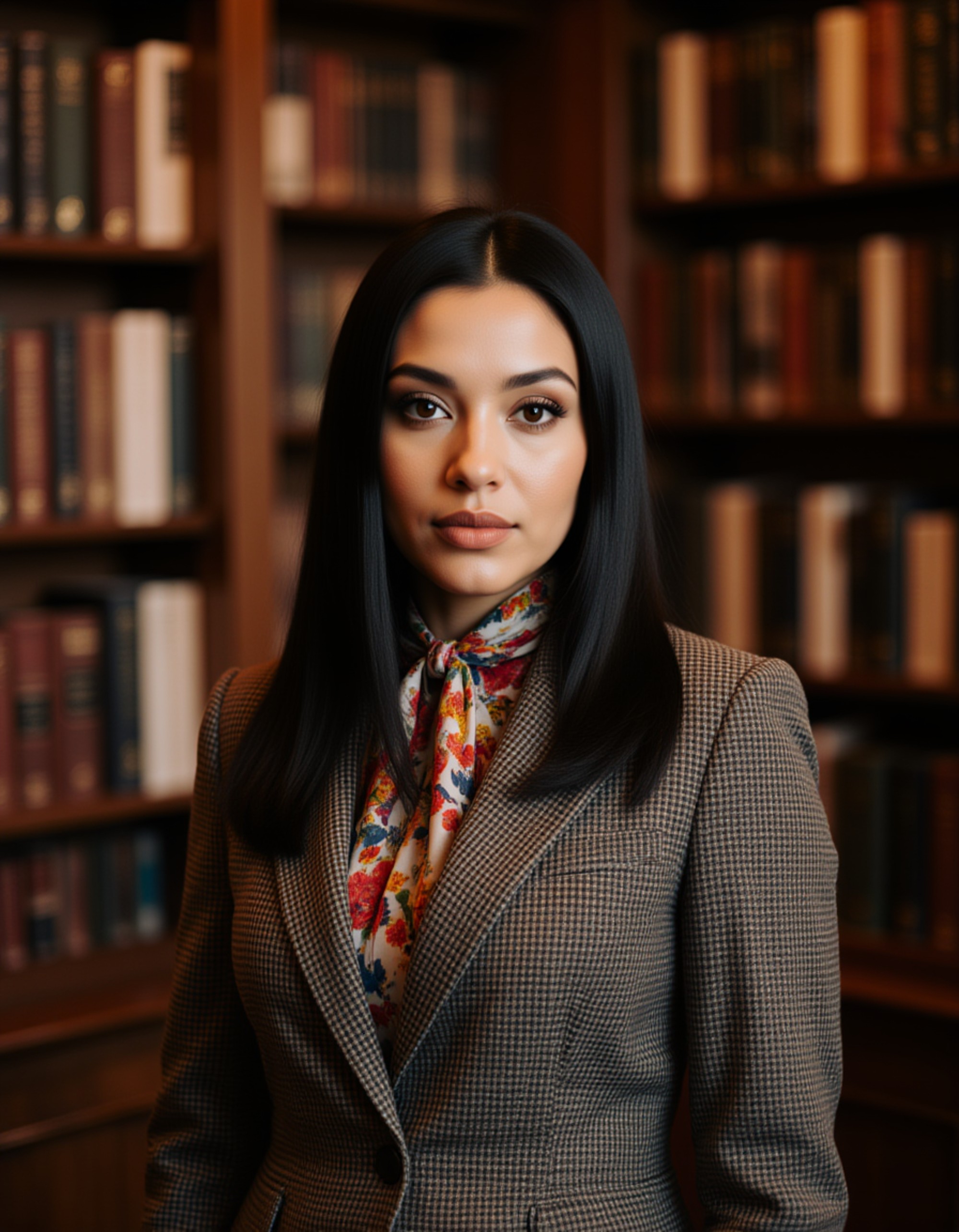 model wearing a tailored tweed jacket and silk scarf, old money aesthetic, posing in a grand library with leather-bound books, Ivy League elegance