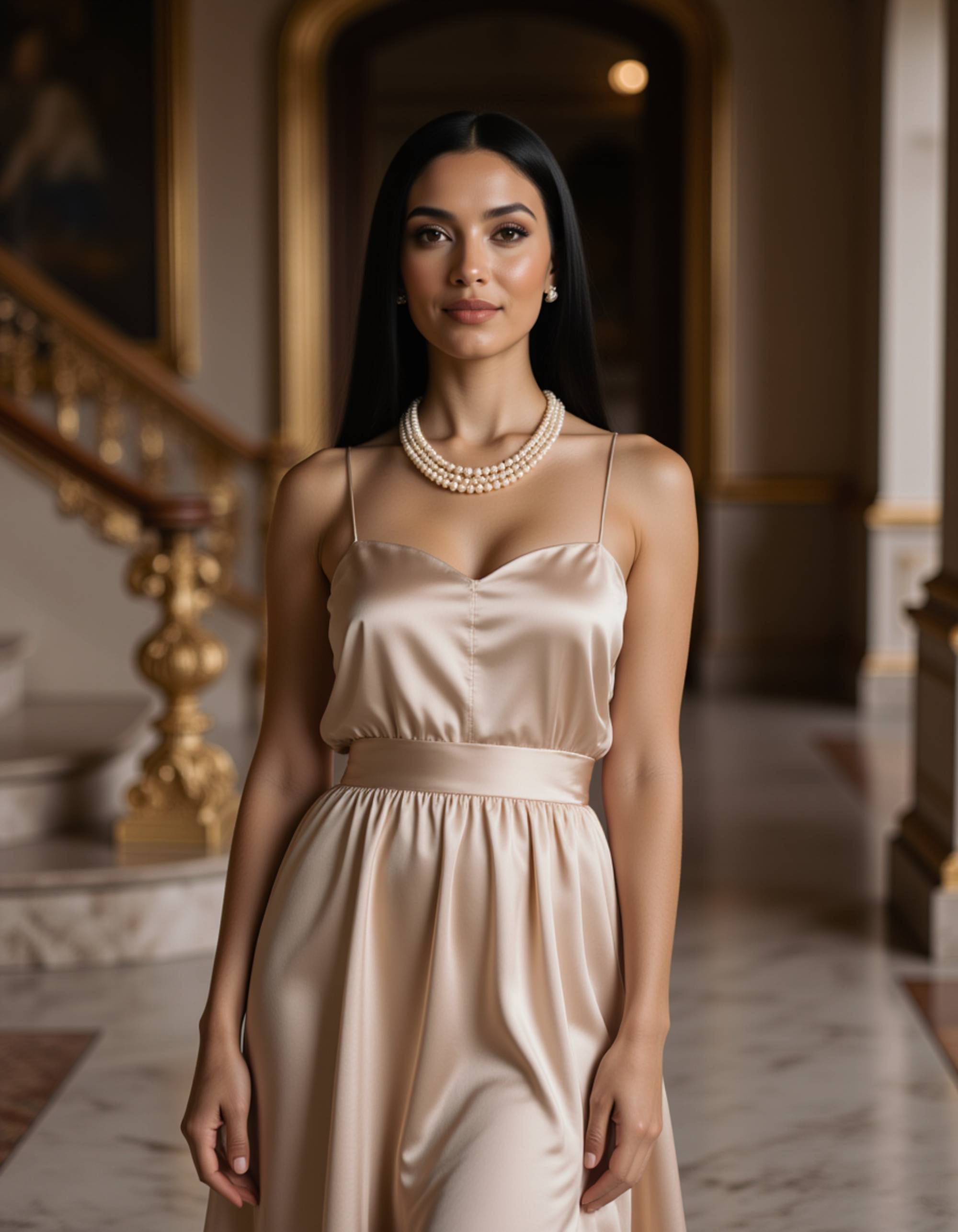 model in a flowing silk dress and pearl necklace, old money aesthetic, standing on a marble staircase in a historic mansion, Ralph Lauren style