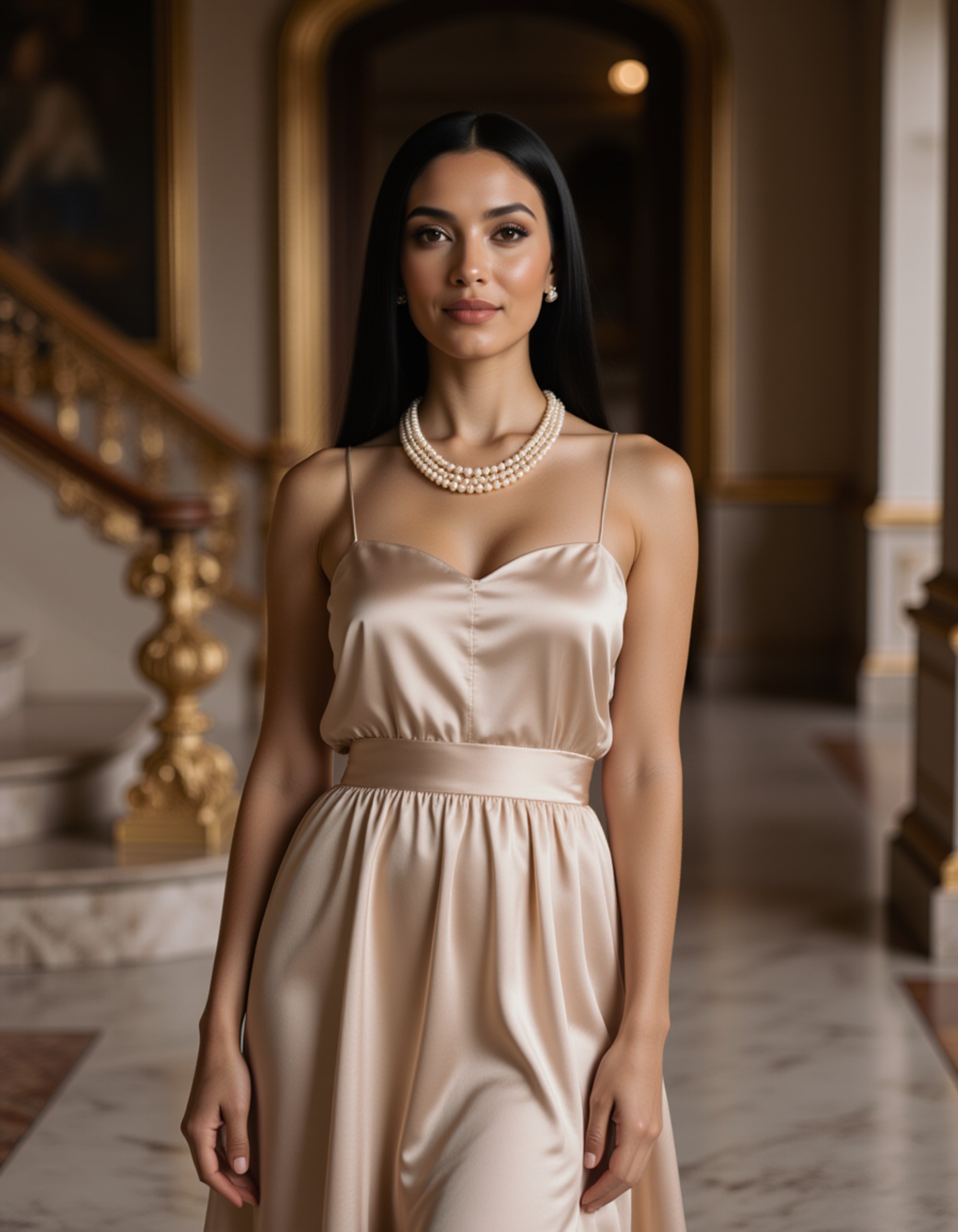 model in a flowing silk dress and pearl necklace, old money aesthetic, standing on a marble staircase in a historic mansion, Ralph Lauren style
