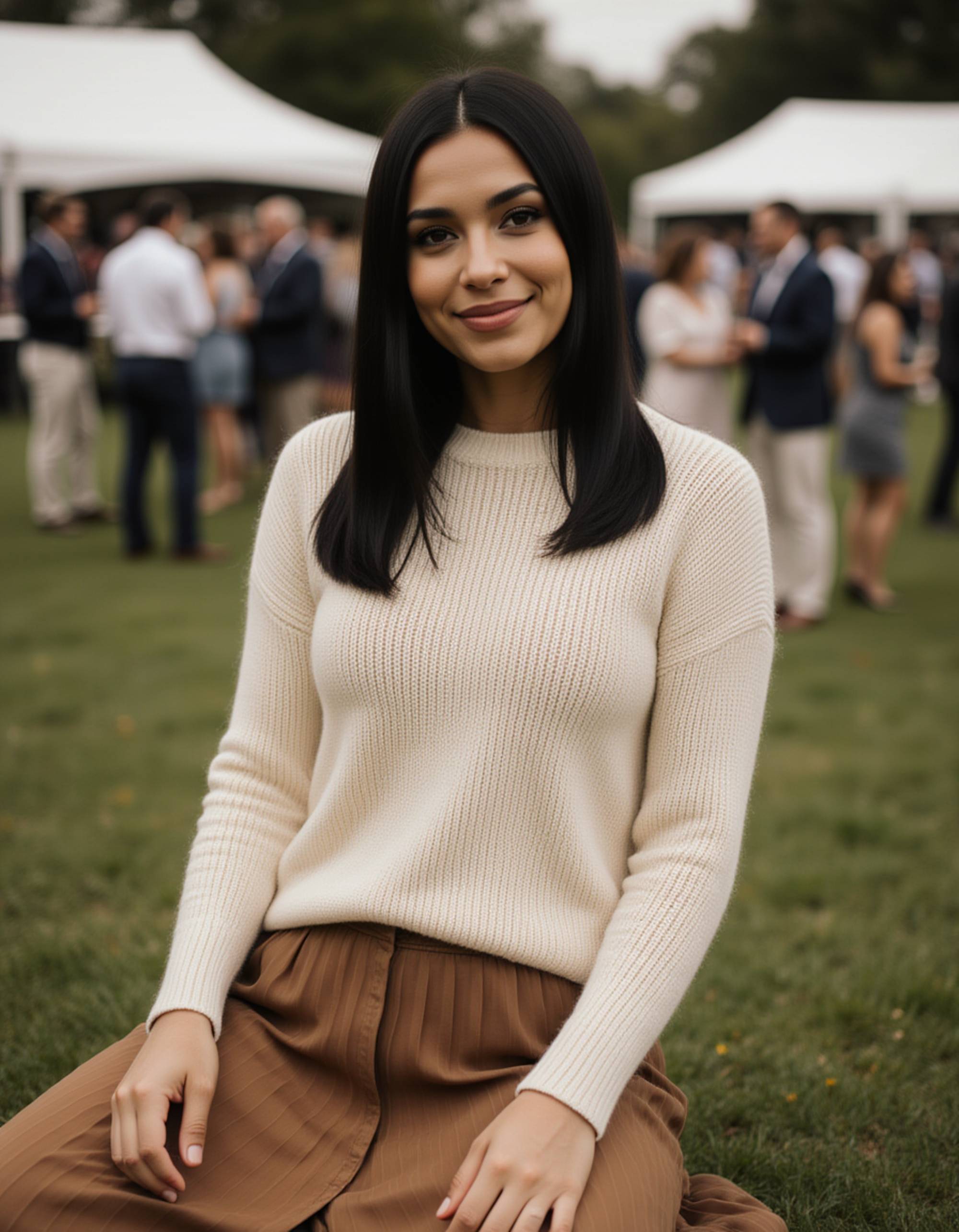 model dressed in a cashmere sweater and pleated skirt, old money aesthetic, at a luxurious equestrian event, gossip girl neo-prep vibe