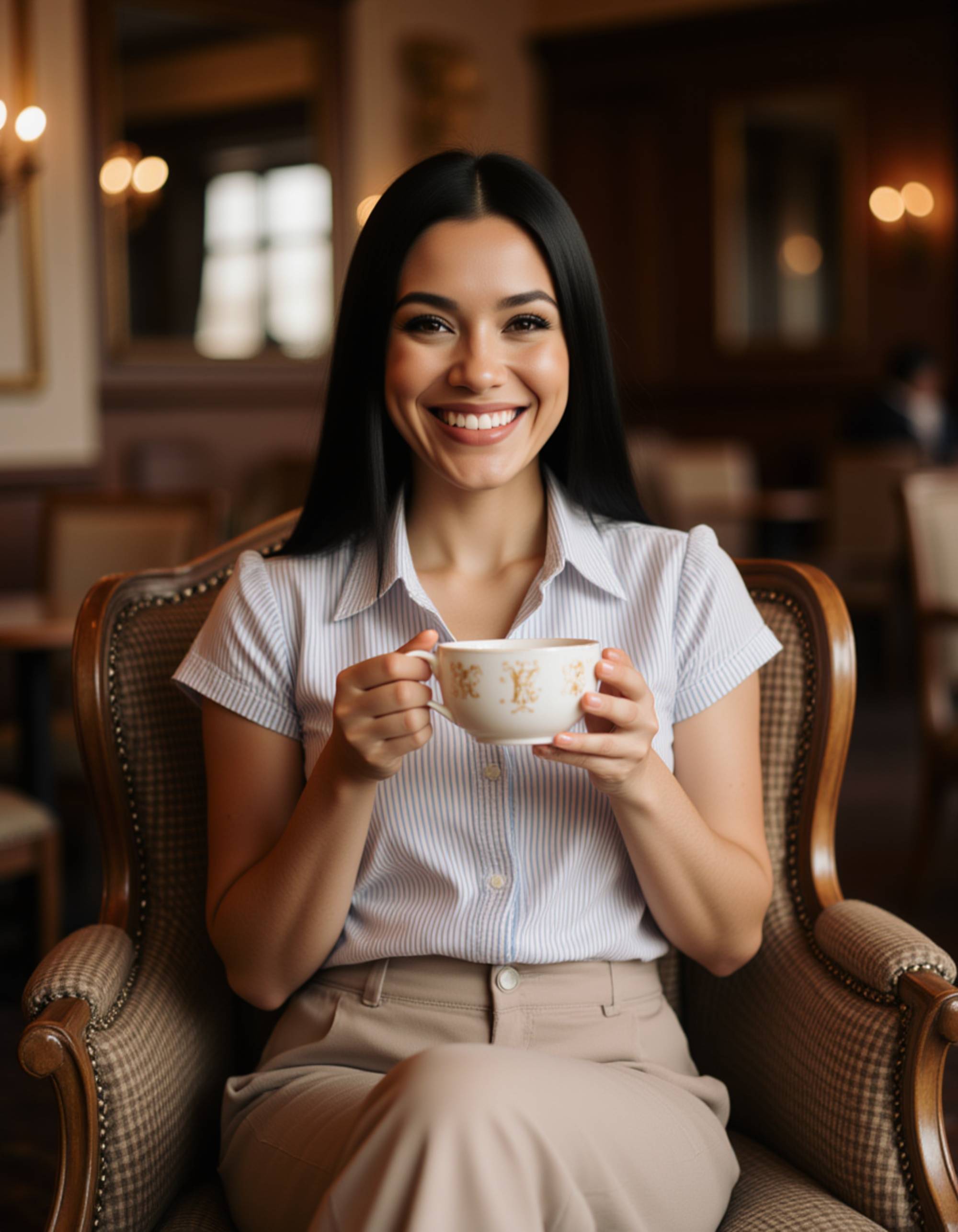 model in a monogrammed blouse and high-waisted trousers, old money aesthetic, sipping tea in an ornate drawing room, preppy style