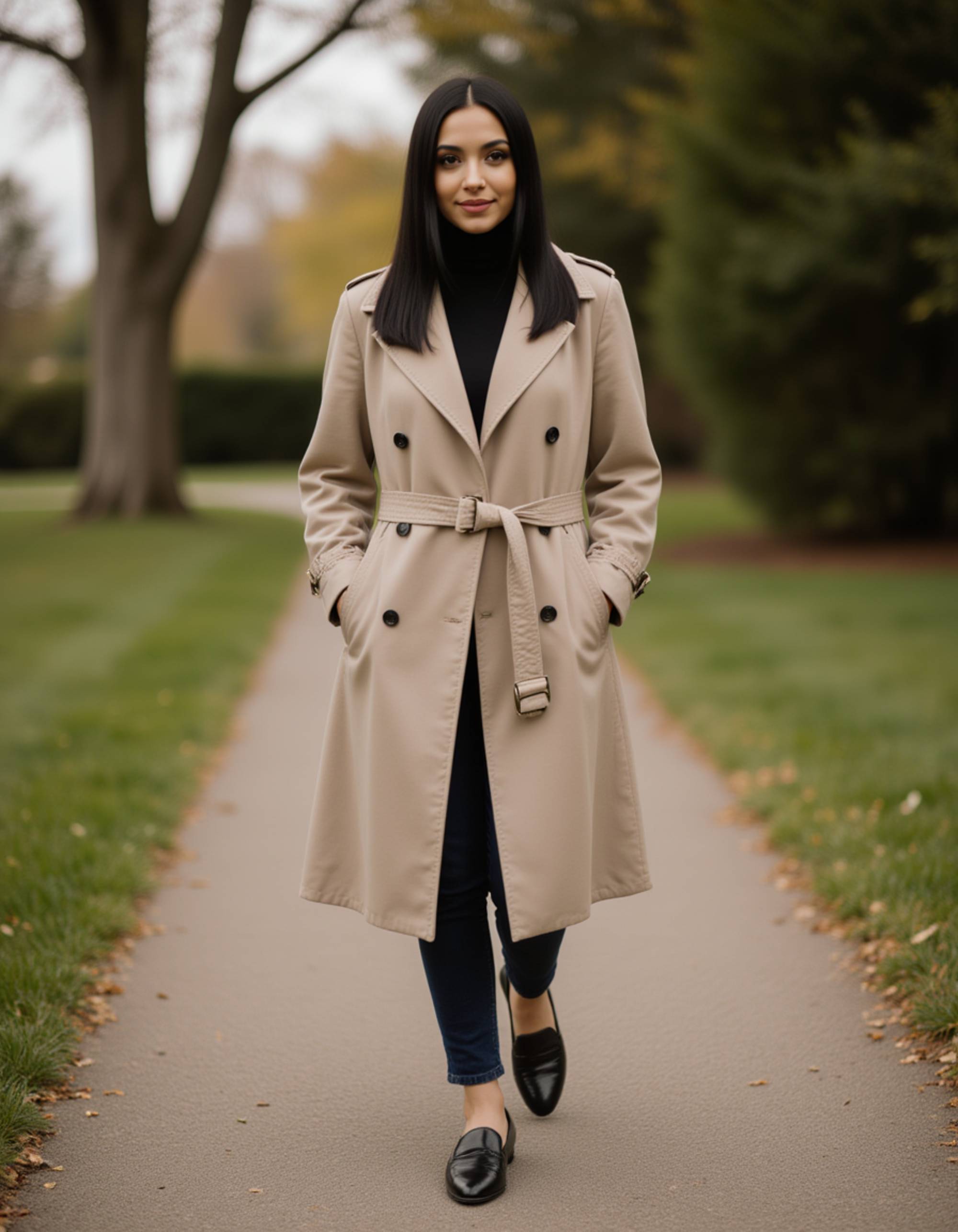 model wearing a classic trench coat and loafers, old money aesthetic, walking through a tree-lined estate path, elite school charm