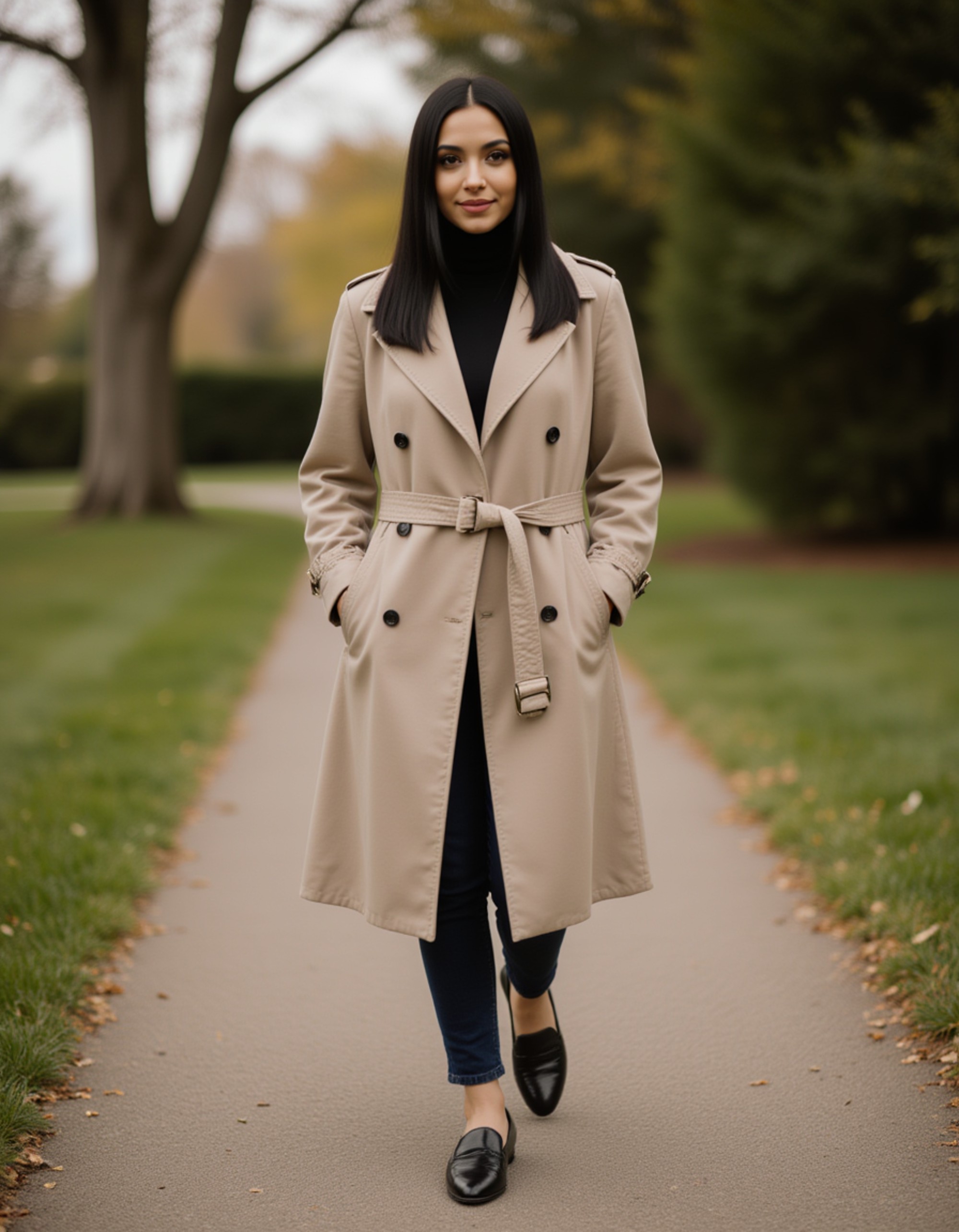 model wearing a classic trench coat and loafers, old money aesthetic, walking through a tree-lined estate path, elite school charm