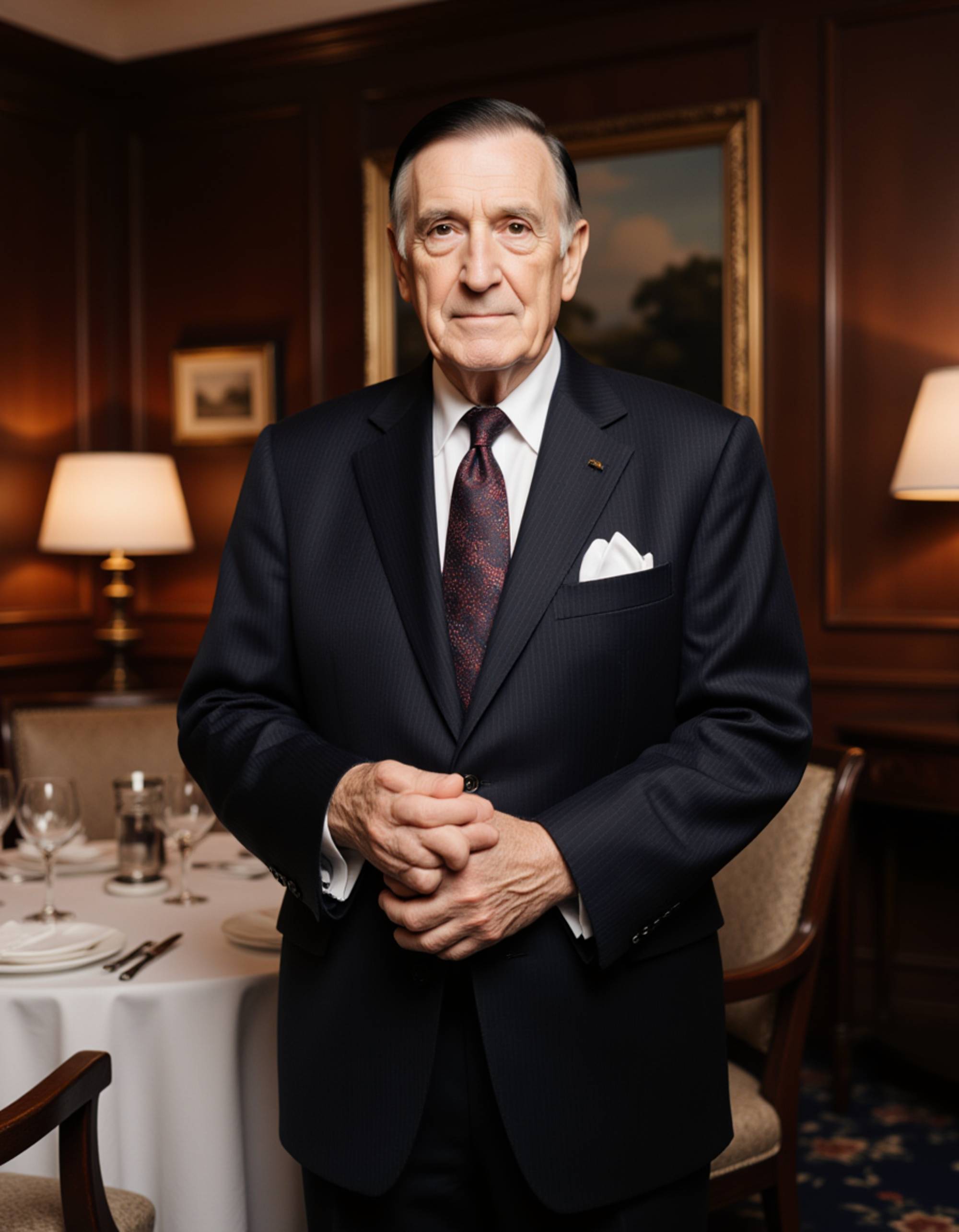 model wearing a tailored navy pinstripe suit and cufflinks, old money aesthetic, posing in a wood-paneled private dining room, Ivy League sophistication