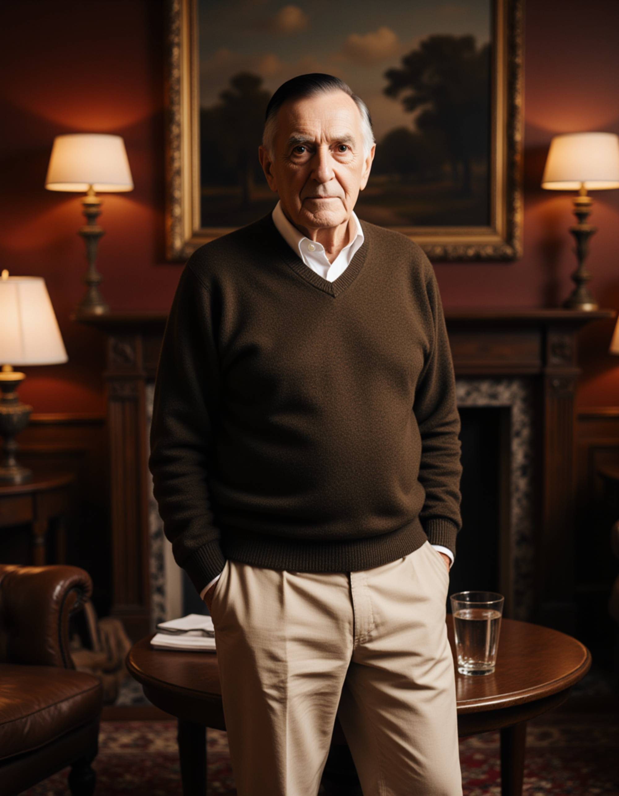 model in a cashmere sweater and tailored chinos, old money aesthetic, standing by a vintage fireplace in a luxurious manor, Ralph Lauren elegance