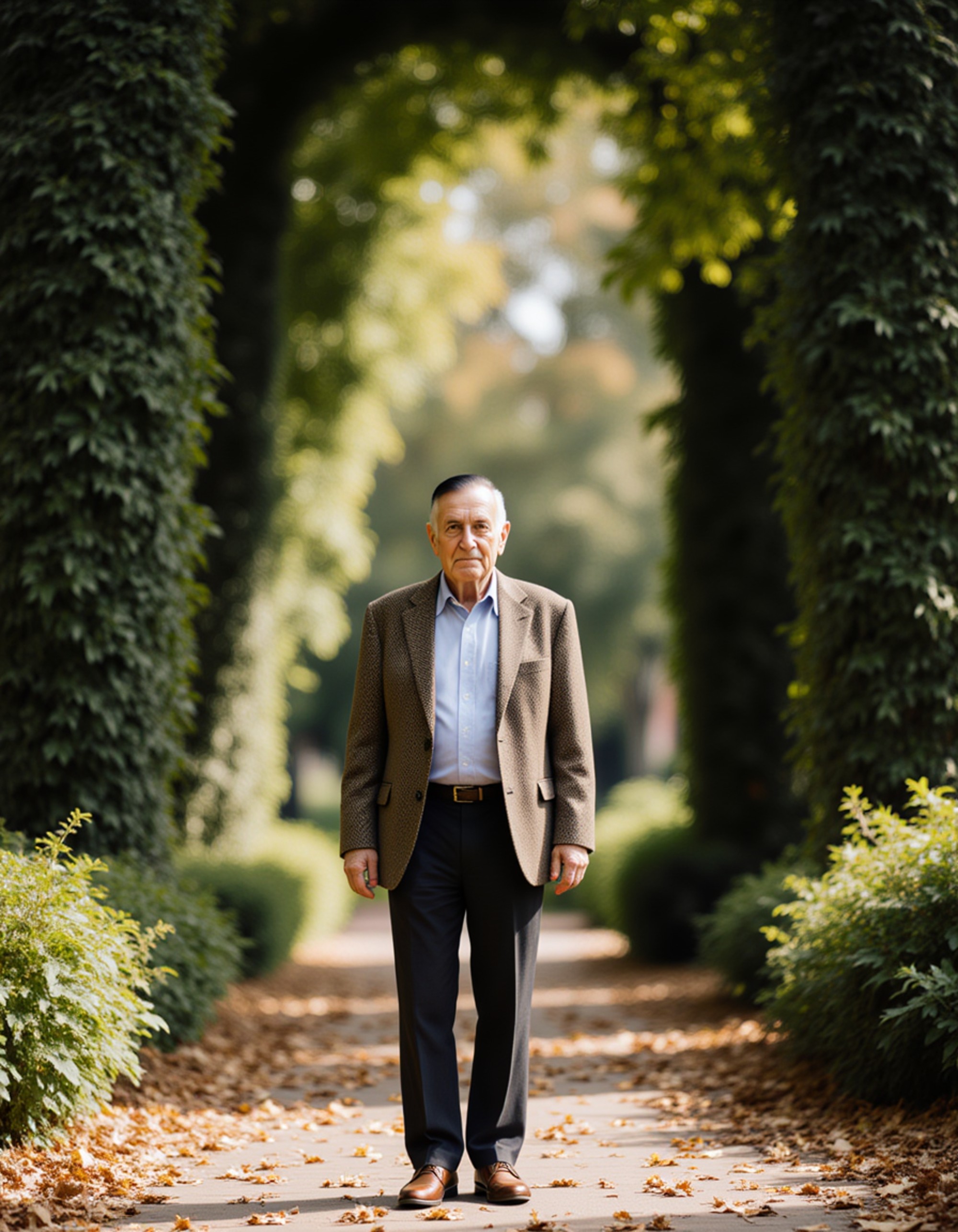 model in a herringbone blazer and oxford shirt, old money aesthetic, walking through an ivy-covered university courtyard, preppy style