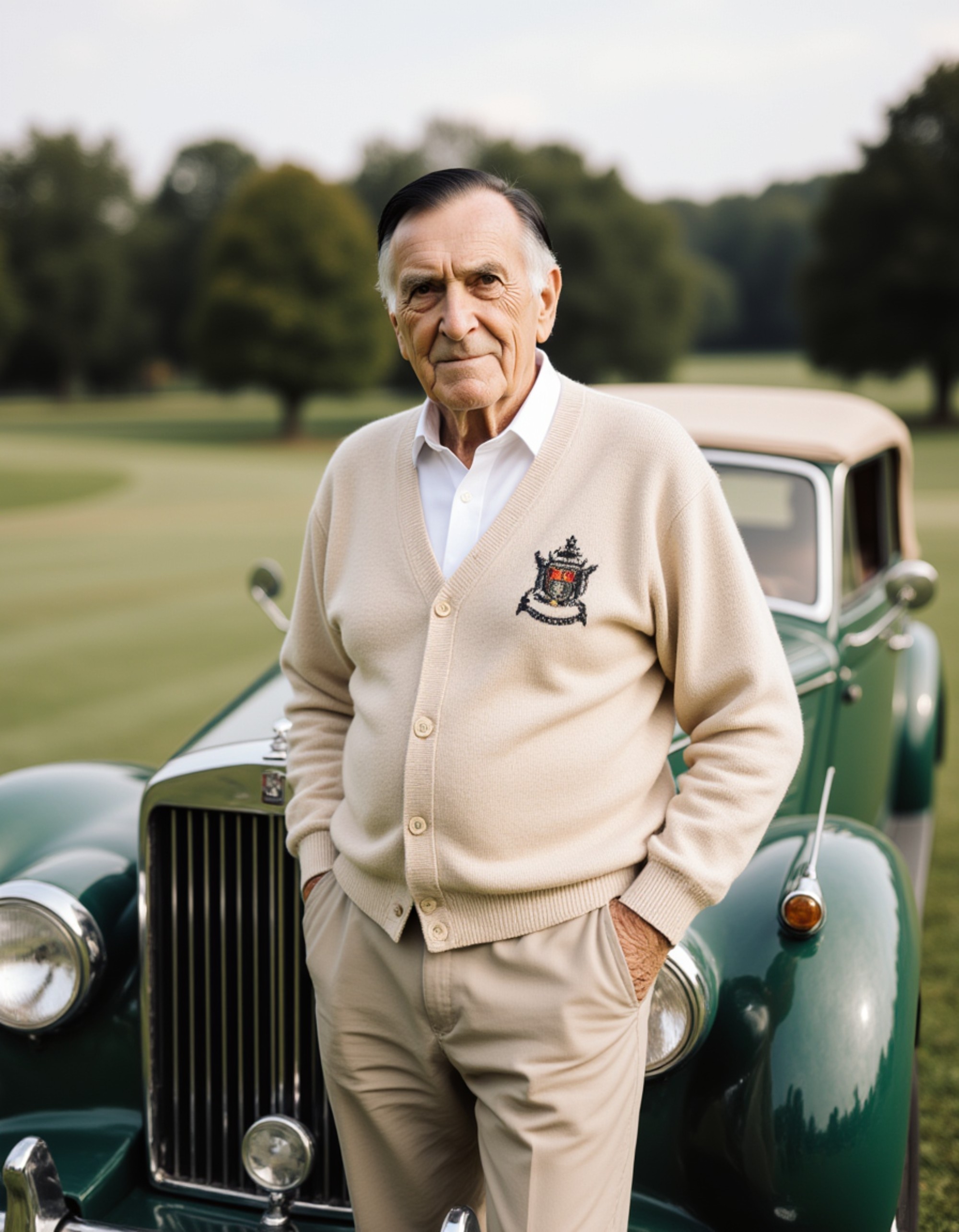 model wearing a monogrammed cardigan and trousers, old money aesthetic, leaning against a classic car at an elite golf club, elite school charm