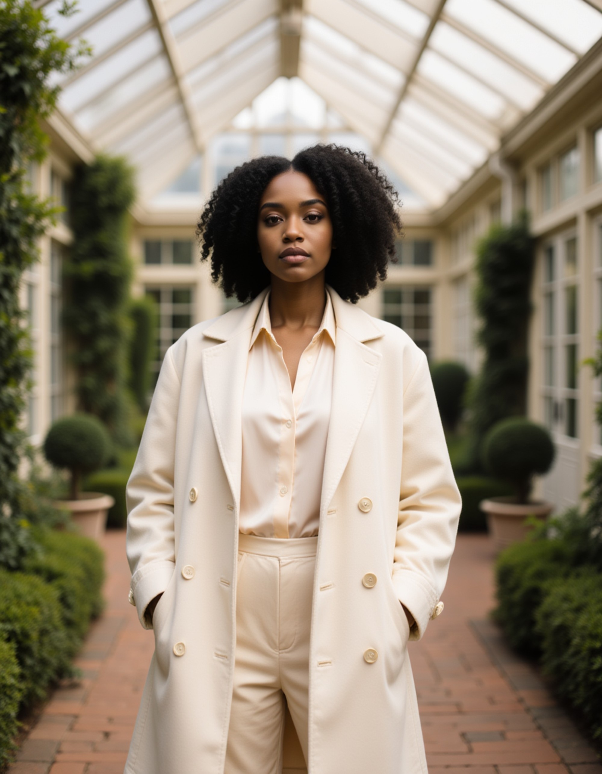 model wearing a tailored cream coat and silk blouse, old money aesthetic, posing in a grand conservatory with lush greenery, Ivy League elegance