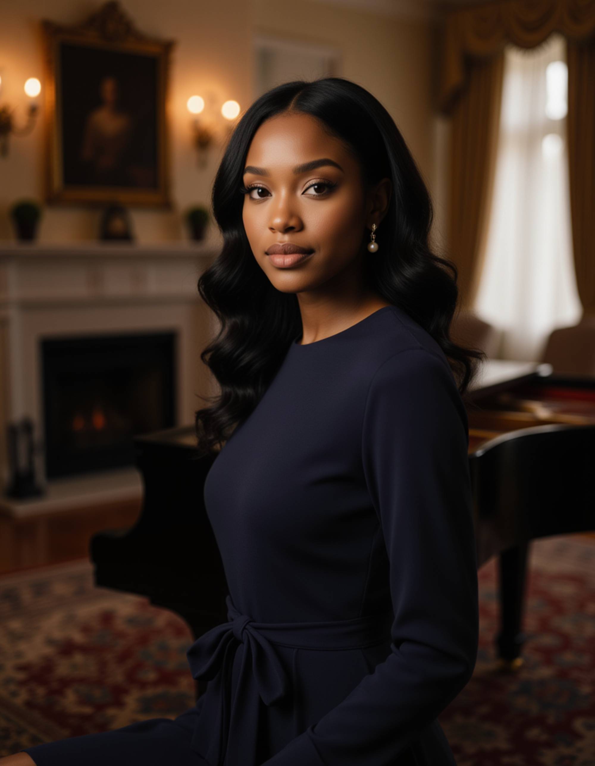 model in a navy cashmere dress and pearl earrings, old money aesthetic, standing by a grand piano in a luxurious salon, Ralph Lauren style