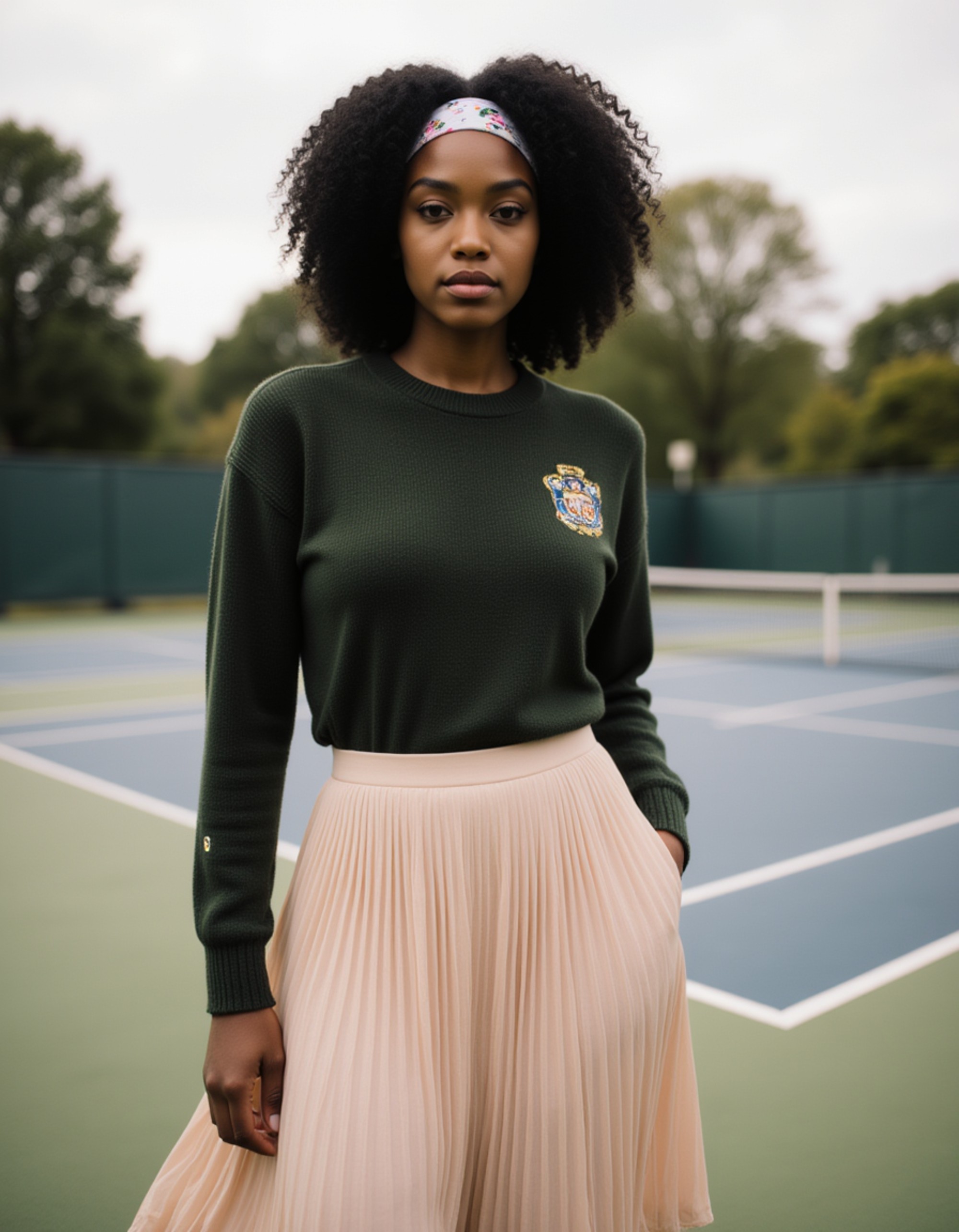 model dressed in a pleated midi skirt and monogrammed sweater, old money aesthetic, at an elite tennis club, gossip girl neo-prep vibe