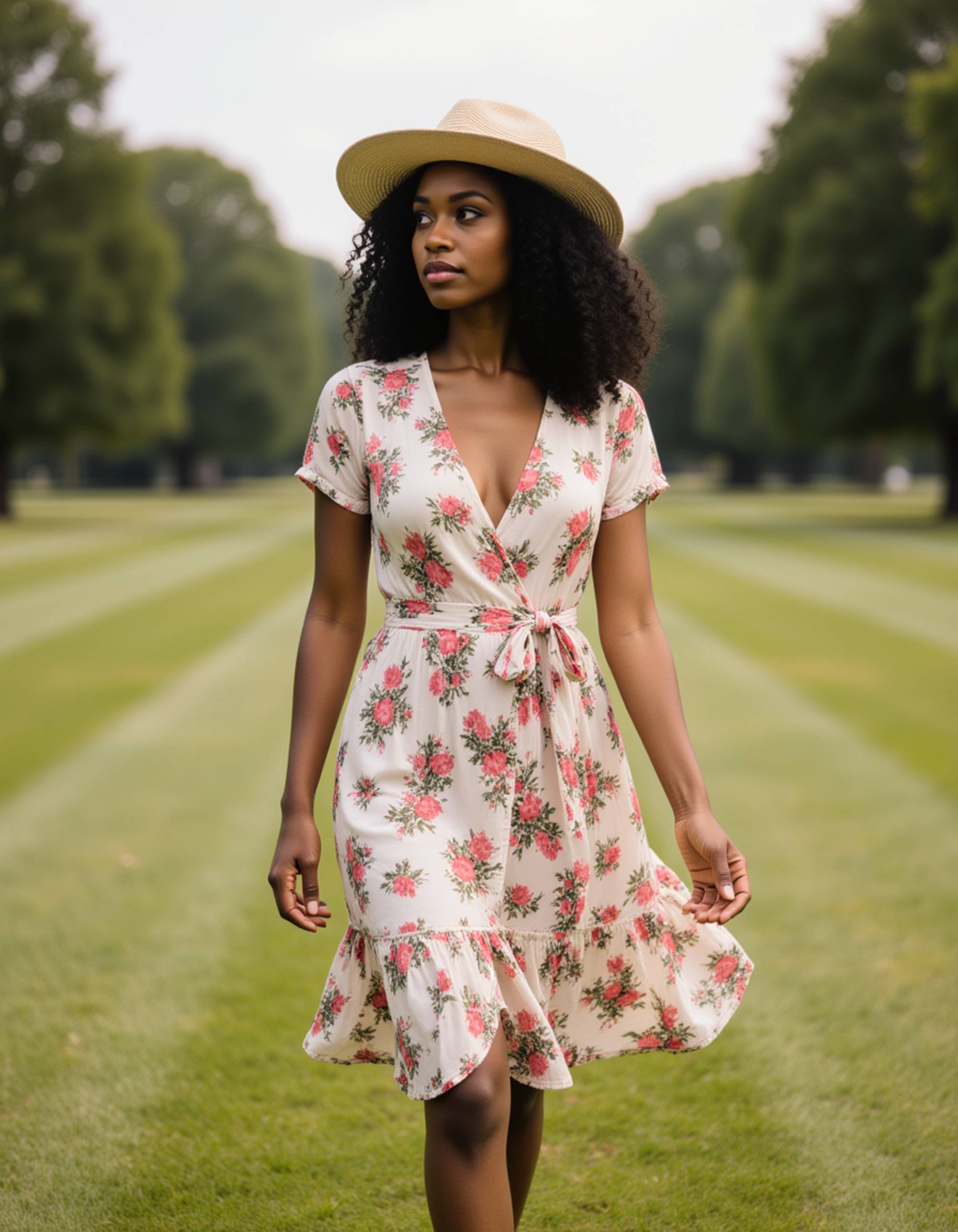 model in a silk wrap dress and wide-brimmed hat, old money aesthetic, strolling through a manicured estate lawn, preppy style