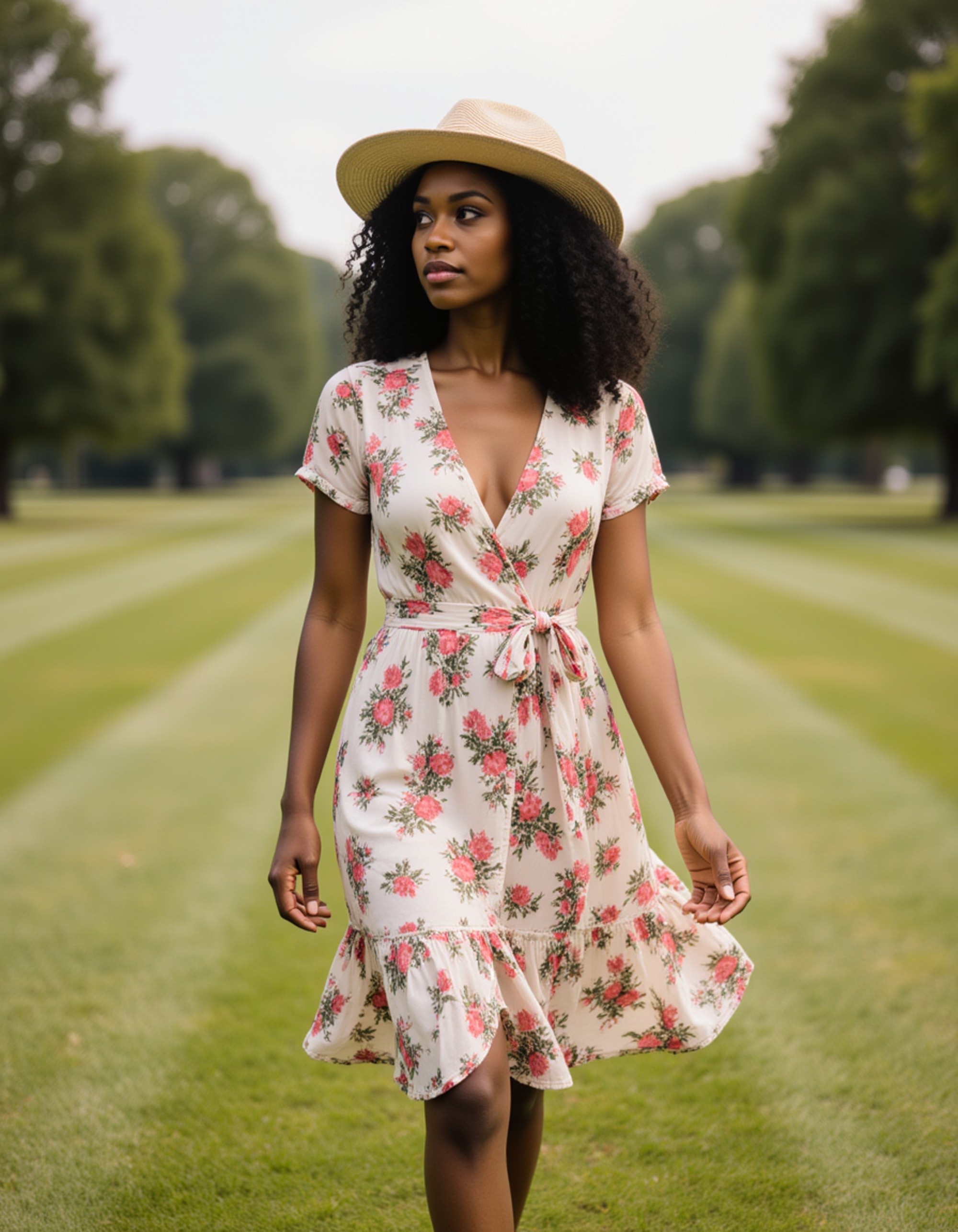 model in a silk wrap dress and wide-brimmed hat, old money aesthetic, strolling through a manicured estate lawn, preppy style