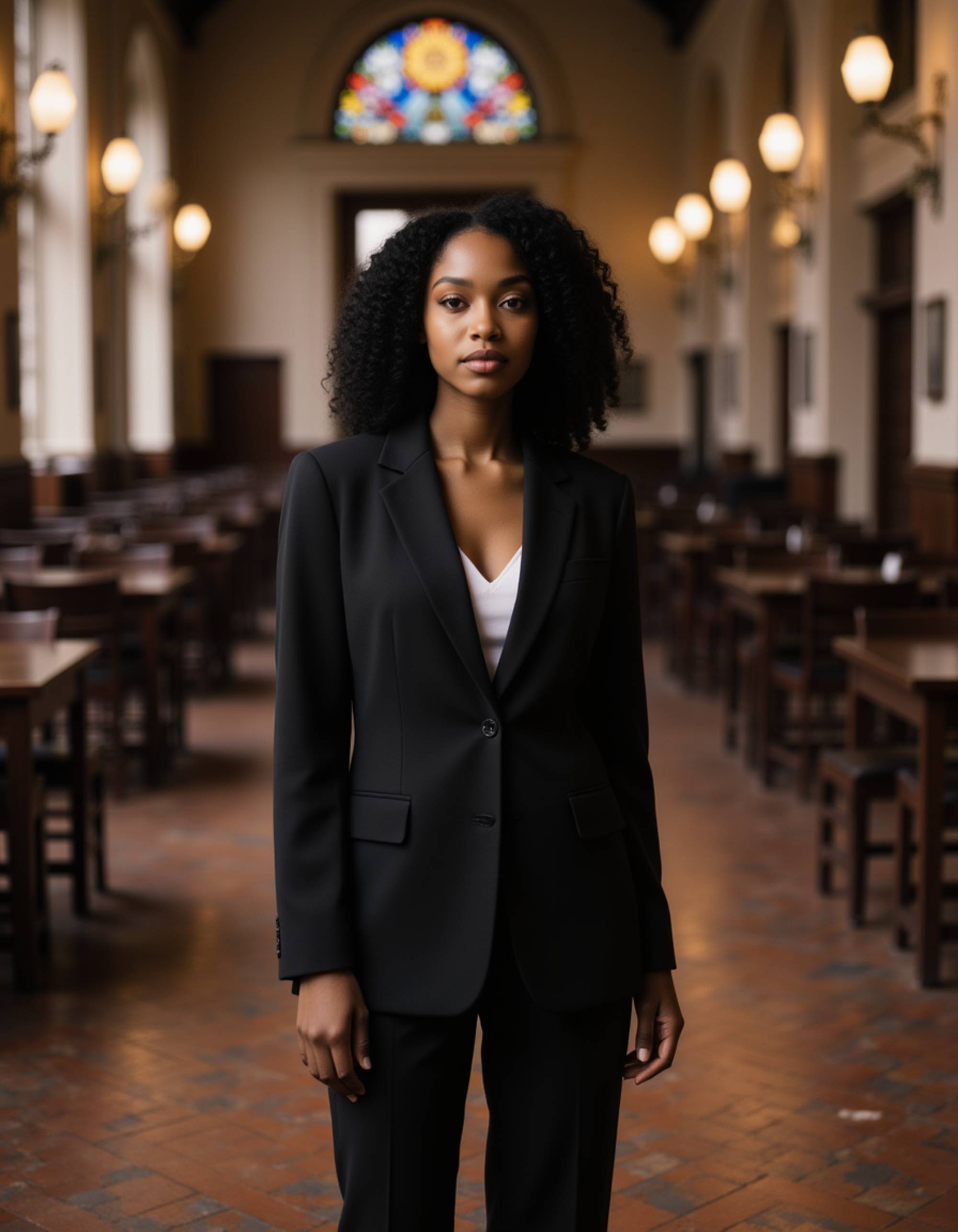 model wearing a tailored blazer and trousers, old money aesthetic, in a historic university hall with stained glass, elite school charm