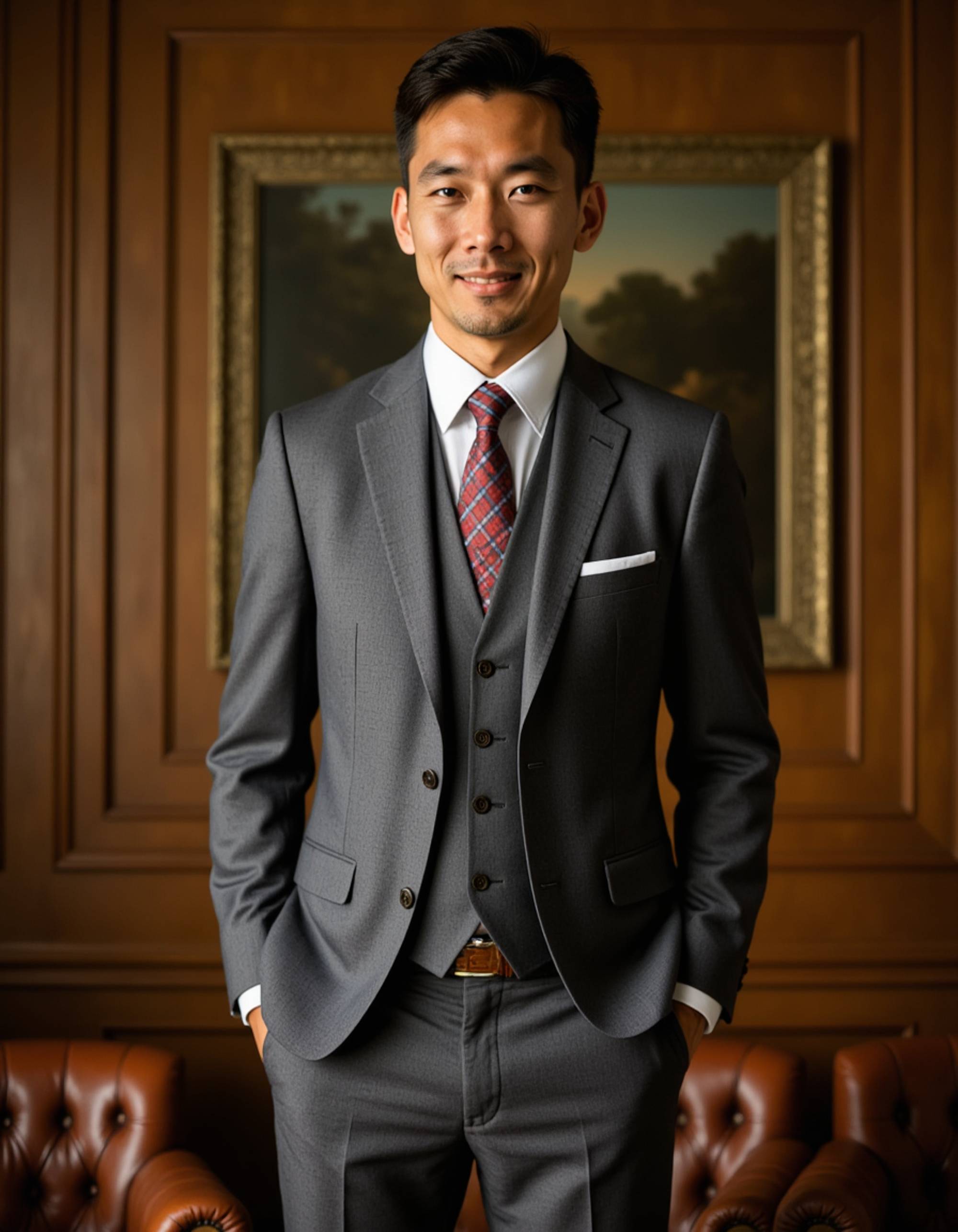 model wearing a tailored tweed suit and silk tie, old money aesthetic, standing in a grand study with leather armchairs, Ivy League sophistication