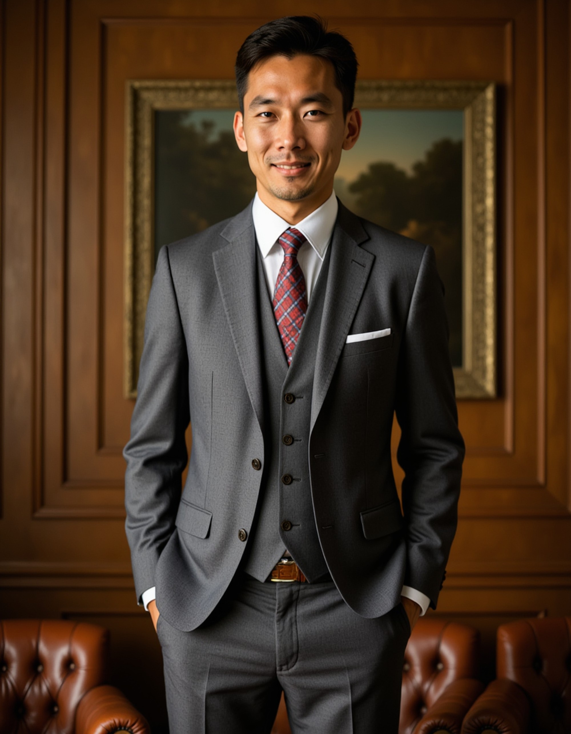 model wearing a tailored tweed suit and silk tie, old money aesthetic, standing in a grand study with leather armchairs, Ivy League sophistication