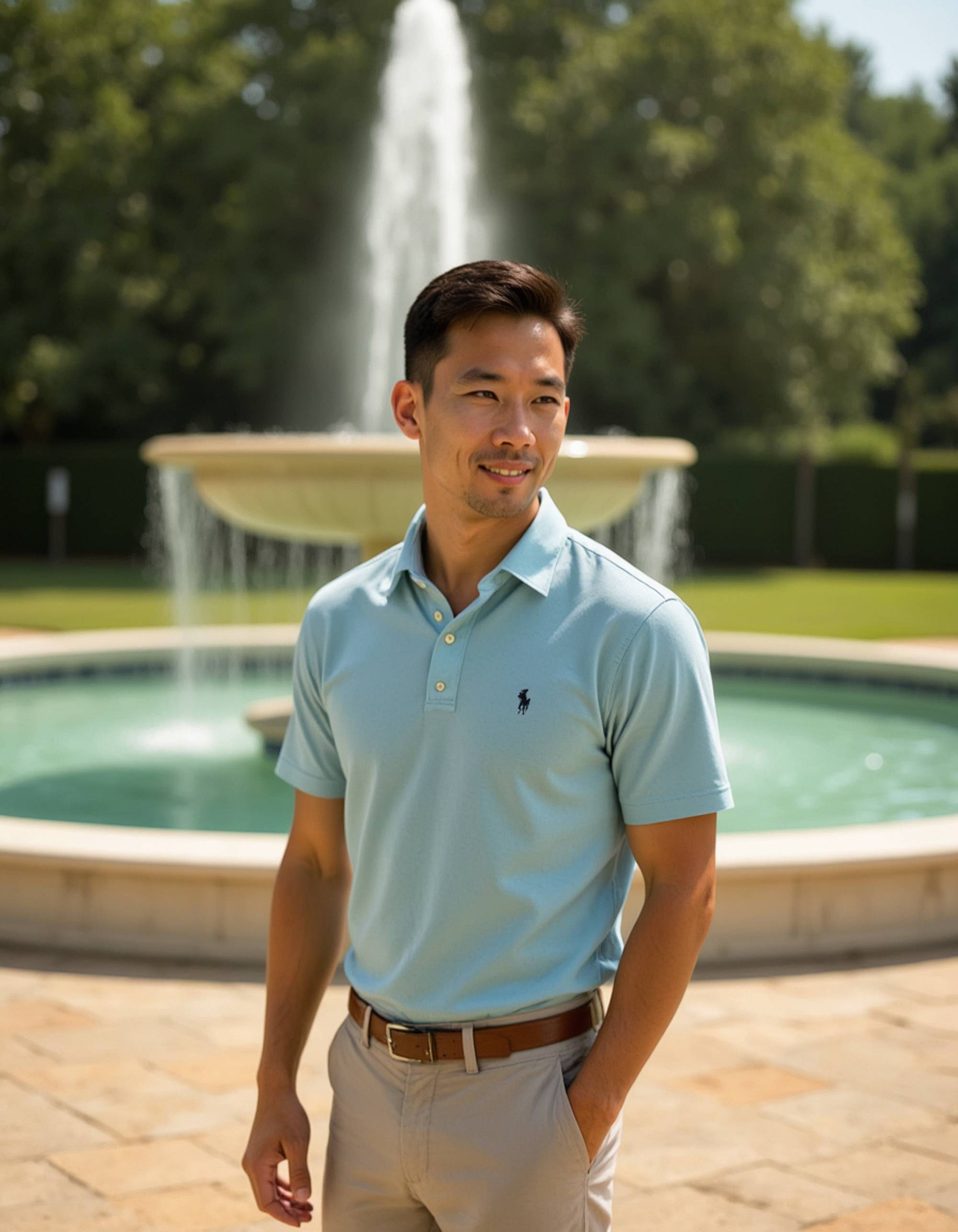 model in a classic polo shirt and tailored trousers, old money aesthetic, posing on a luxurious estate terrace with a fountain, Ralph Lauren elegance