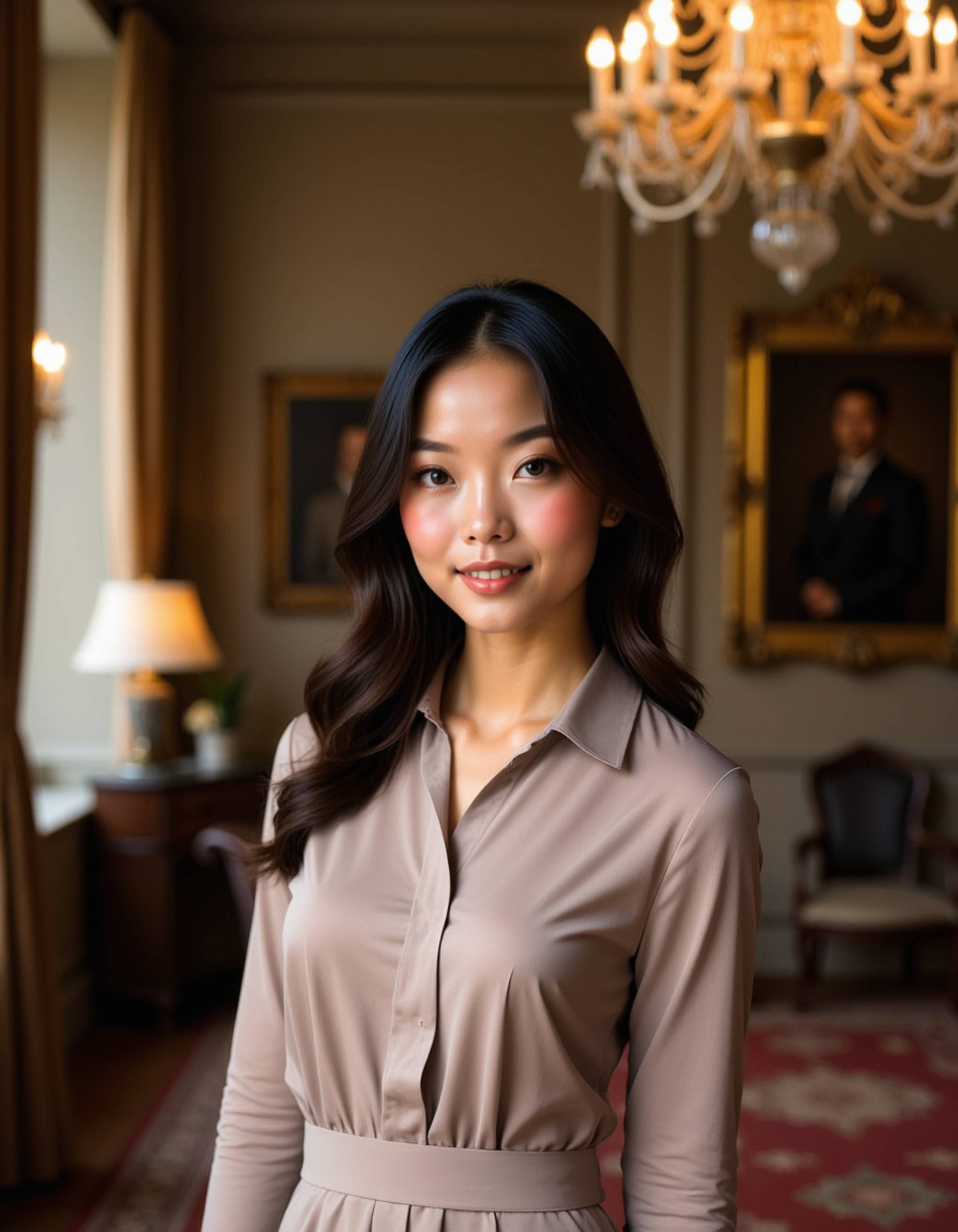 model wearing a tailored silk blouse and high-waisted skirt, old money aesthetic, posing in an ornate ballroom with chandeliers, Ivy League elegance