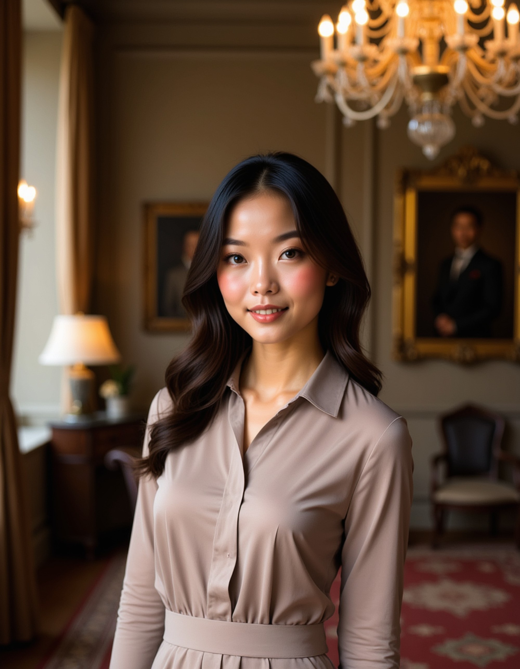 model wearing a tailored silk blouse and high-waisted skirt, old money aesthetic, posing in an ornate ballroom with chandeliers, Ivy League elegance