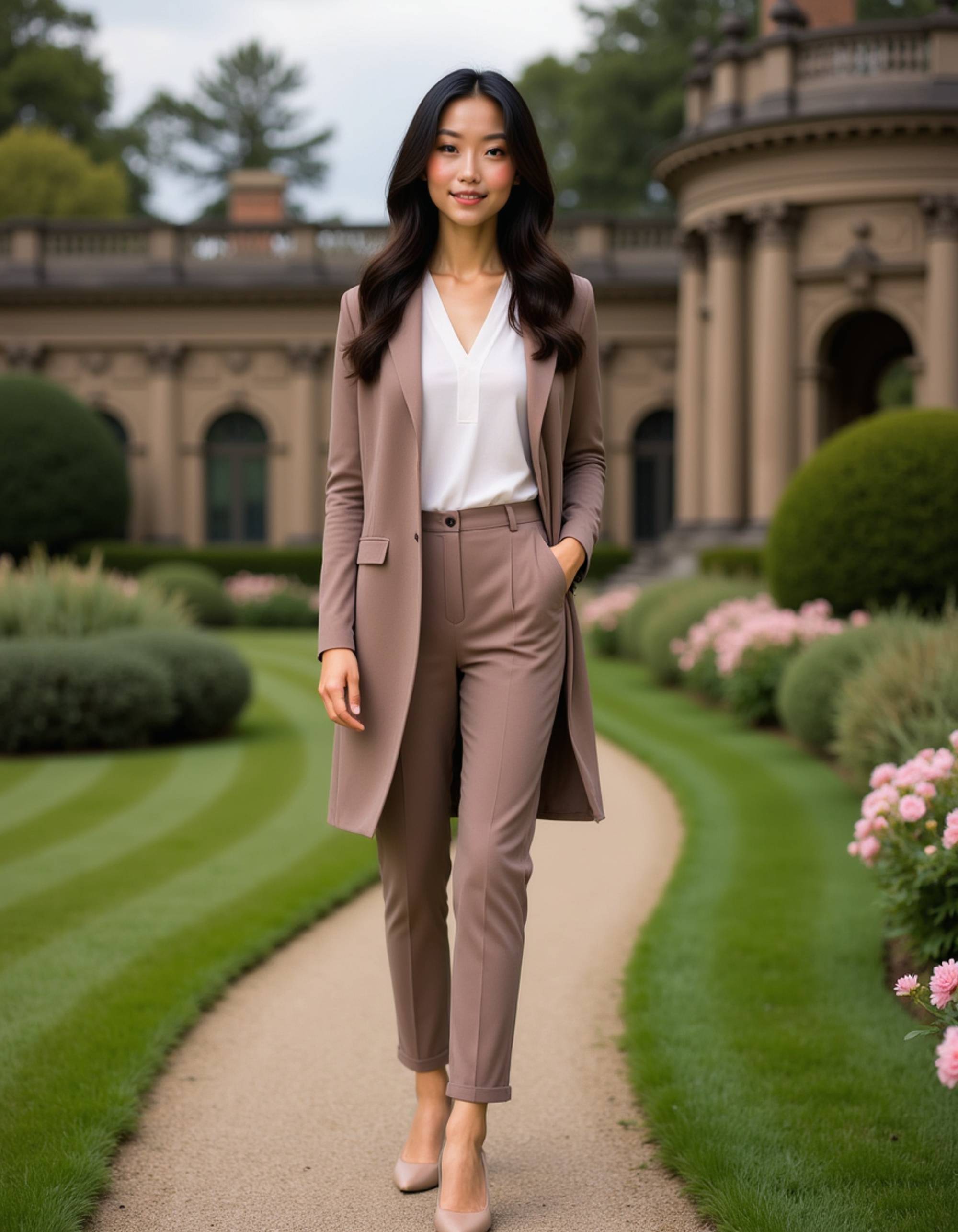 model in a cashmere cardigan and pleated trousers, old money aesthetic, strolling through a historic estate garden, Ralph Lauren style