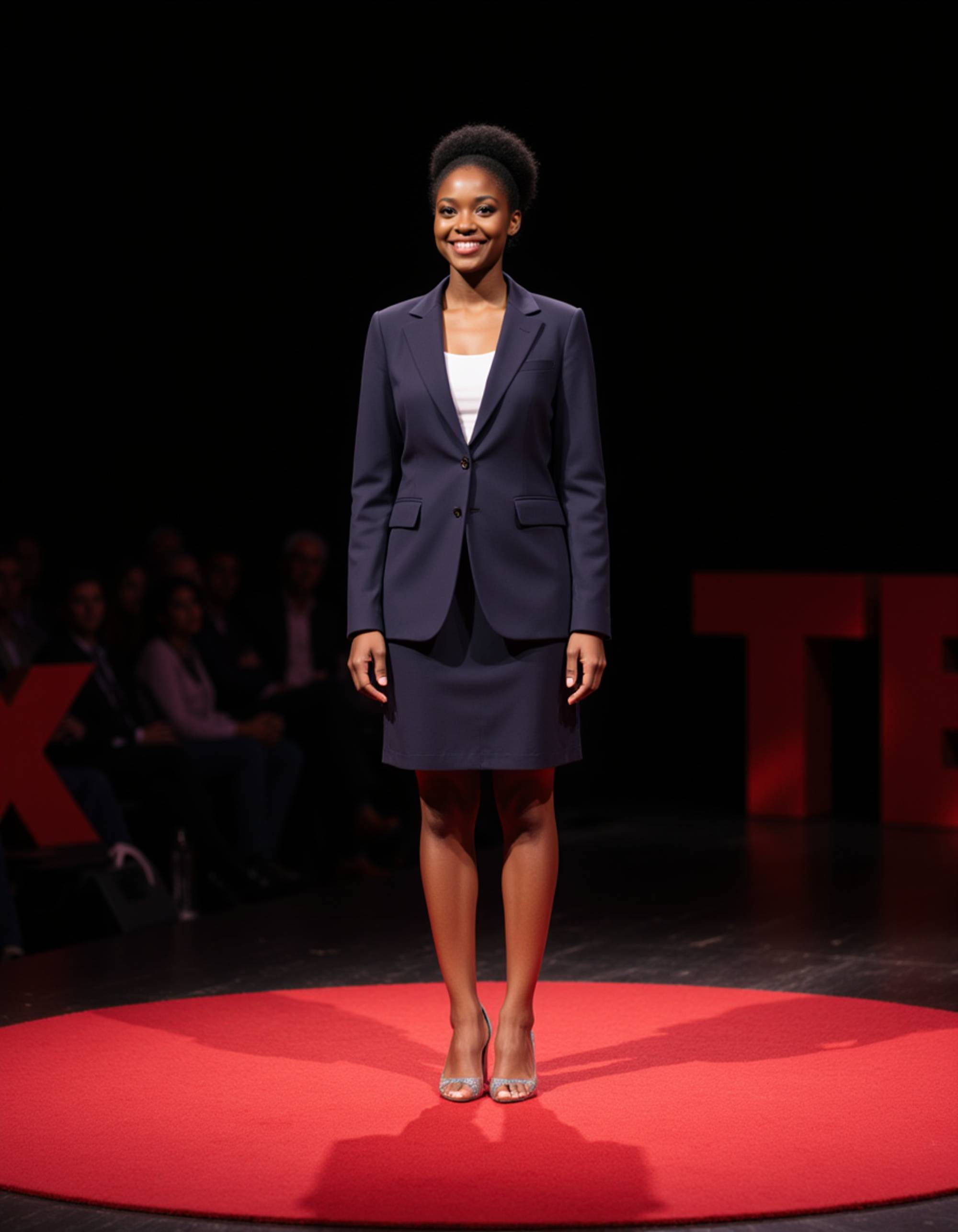 model as a TEDx keynote speaker in a tailored navy blazer and skirt, standing confidently on a red circular TEDx stage with dynamic lighting and an engaged audience