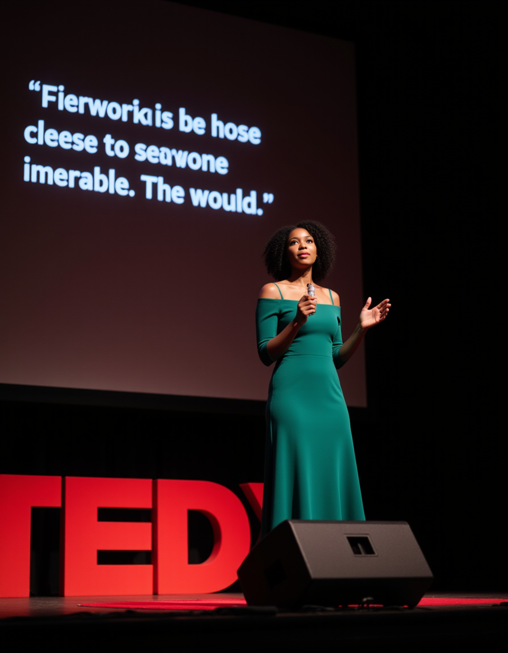 model as a TEDx keynote speaker in a sleek emerald dress, presenting passionately on a TEDx stage with a bold inspirational quote projected behind