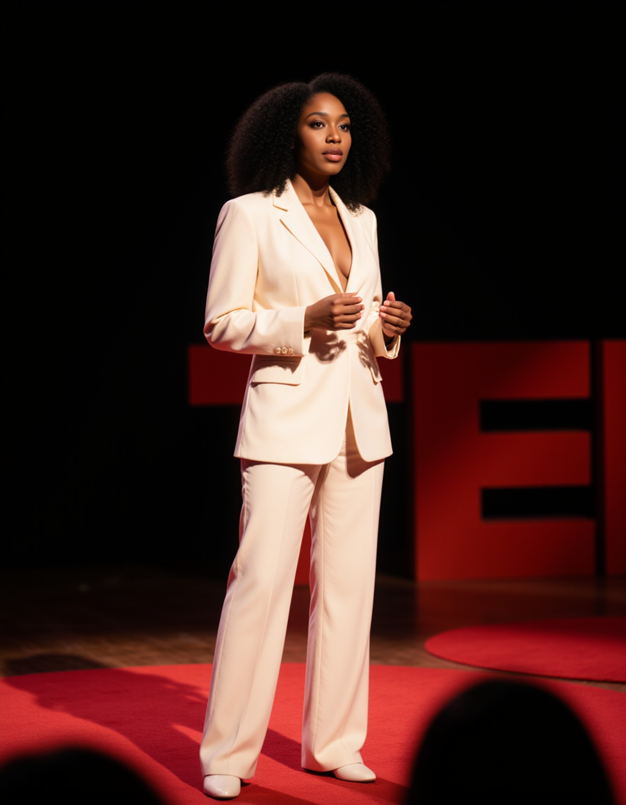 model as a TEDx keynote speaker in a stylish cream pantsuit, engaging the audience on a TEDx stage with warm spotlights and a minimalist backdrop